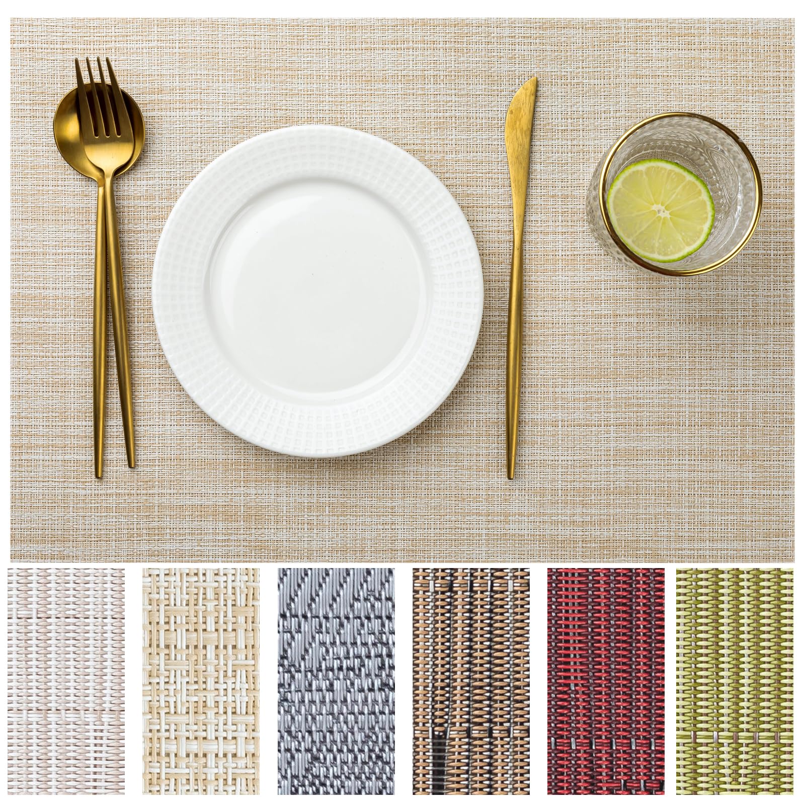 Lexmore Pvc Woven Placemats 4 Pcs Wipeable Indoor/Outdoor Table Mats Washable Vinyl Place Mat For Dining Table, Set Of 4-Beige
