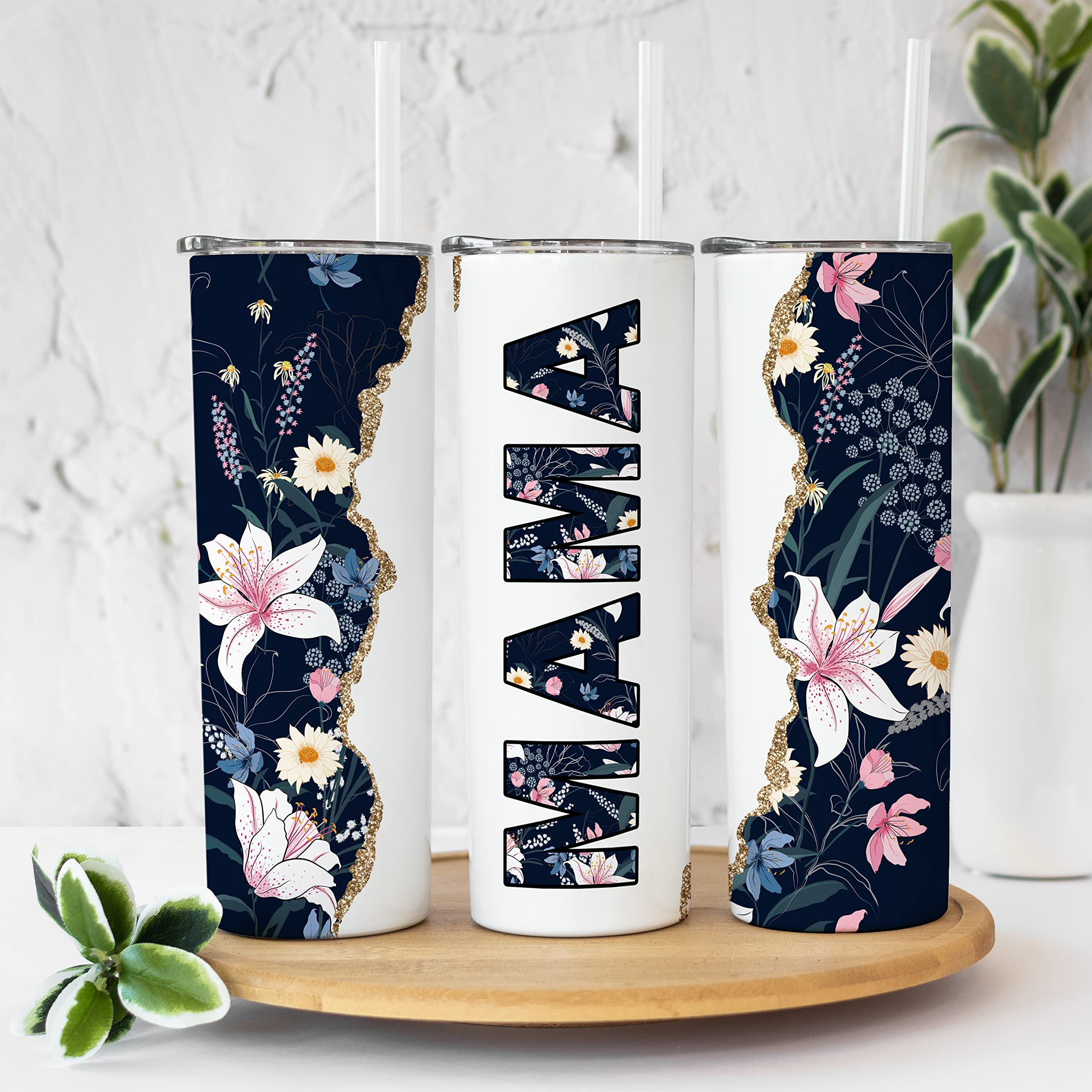Younique Designs Navy Floral Mama Coffee Tumbler With Straw And Lid, 20 Oz, Insulated Stainless Steel Skinny Tumbler For Women,