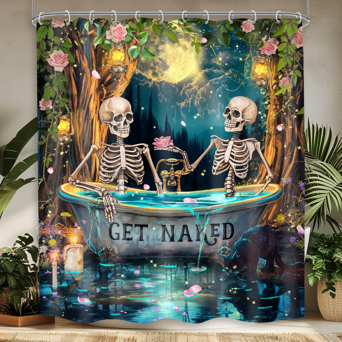 Mitpok Gothic Skull Skeleton Shower Curtain 72Wx72H Funny Spooky Witchy Halloween Moon Night Retro Floral Tree Bathroom Decor My