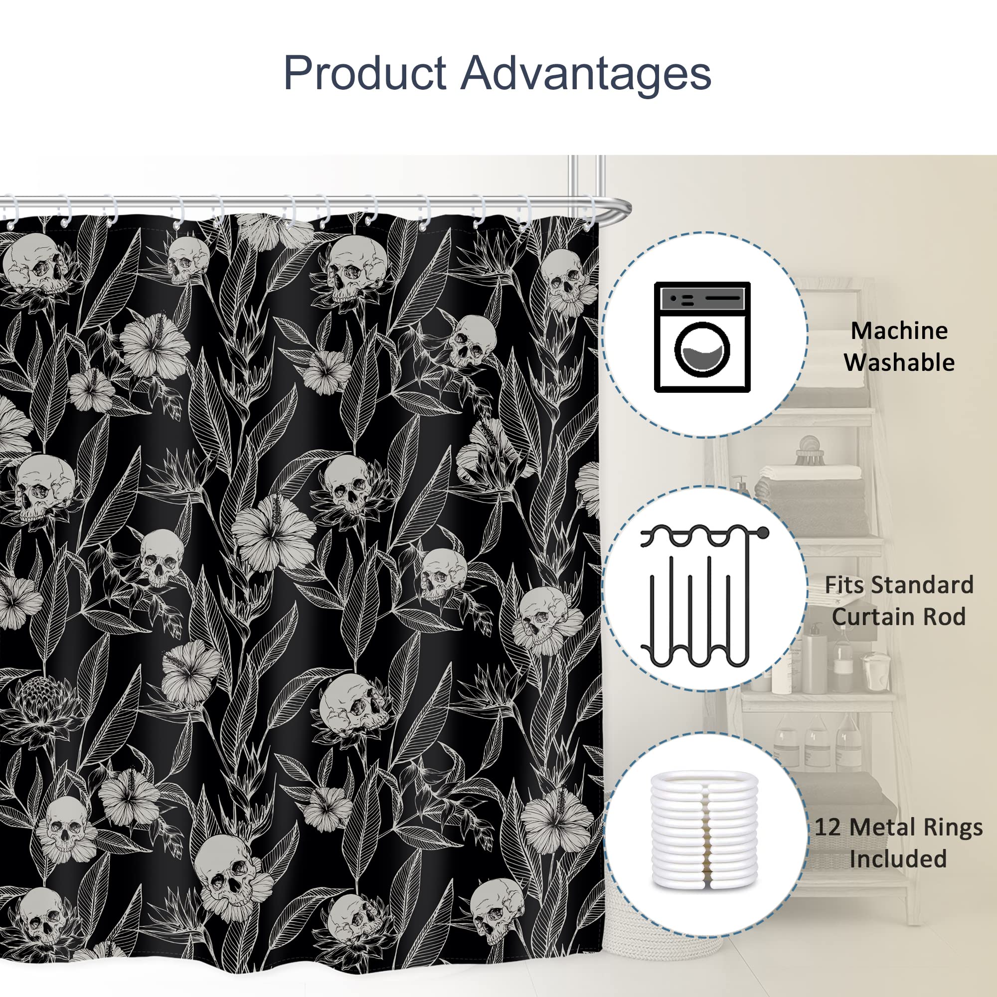 Ambzek Gothic Skull Floral Shower Curtain 60Wx72L Inch Men Goth Skeleton Spooky Sugar Skull Flower Leaves Cool Halloween Artwork