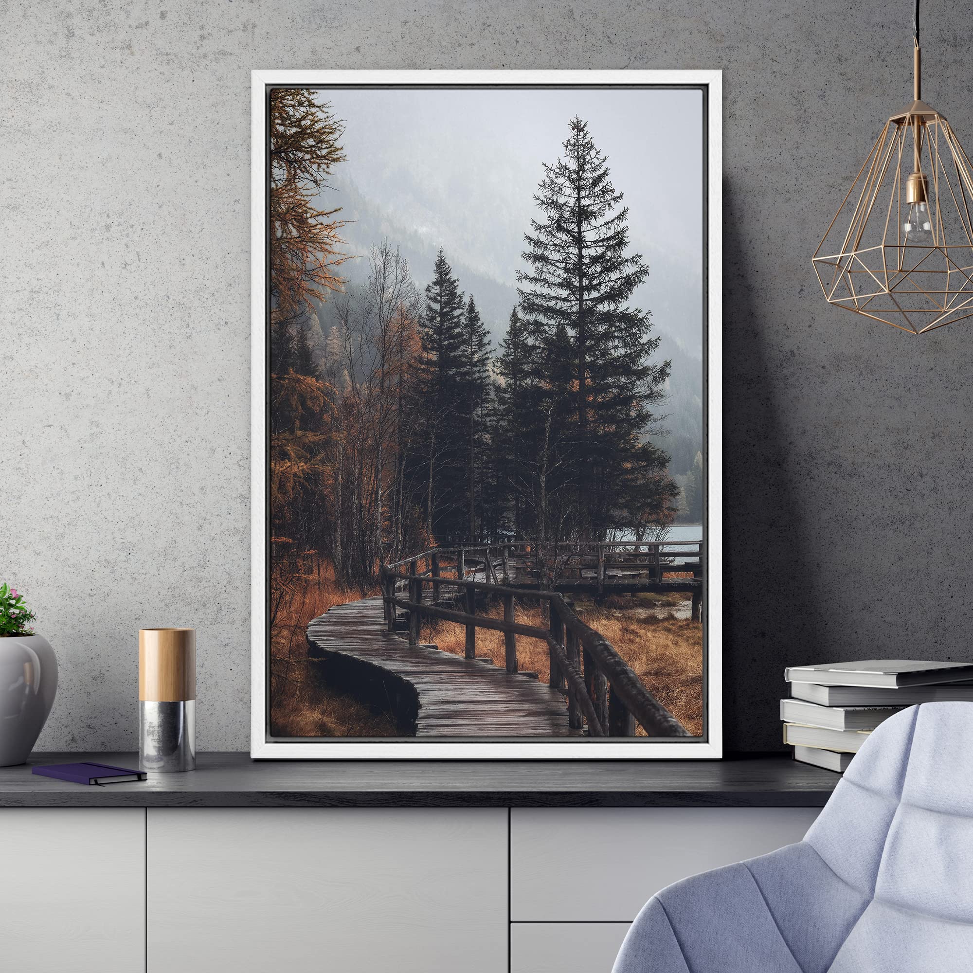 Signwin Framed Canvas Wall Art Autumn Dramatic Forest Landscape Living Room Orange Photography Rustic - 16''X24'' White