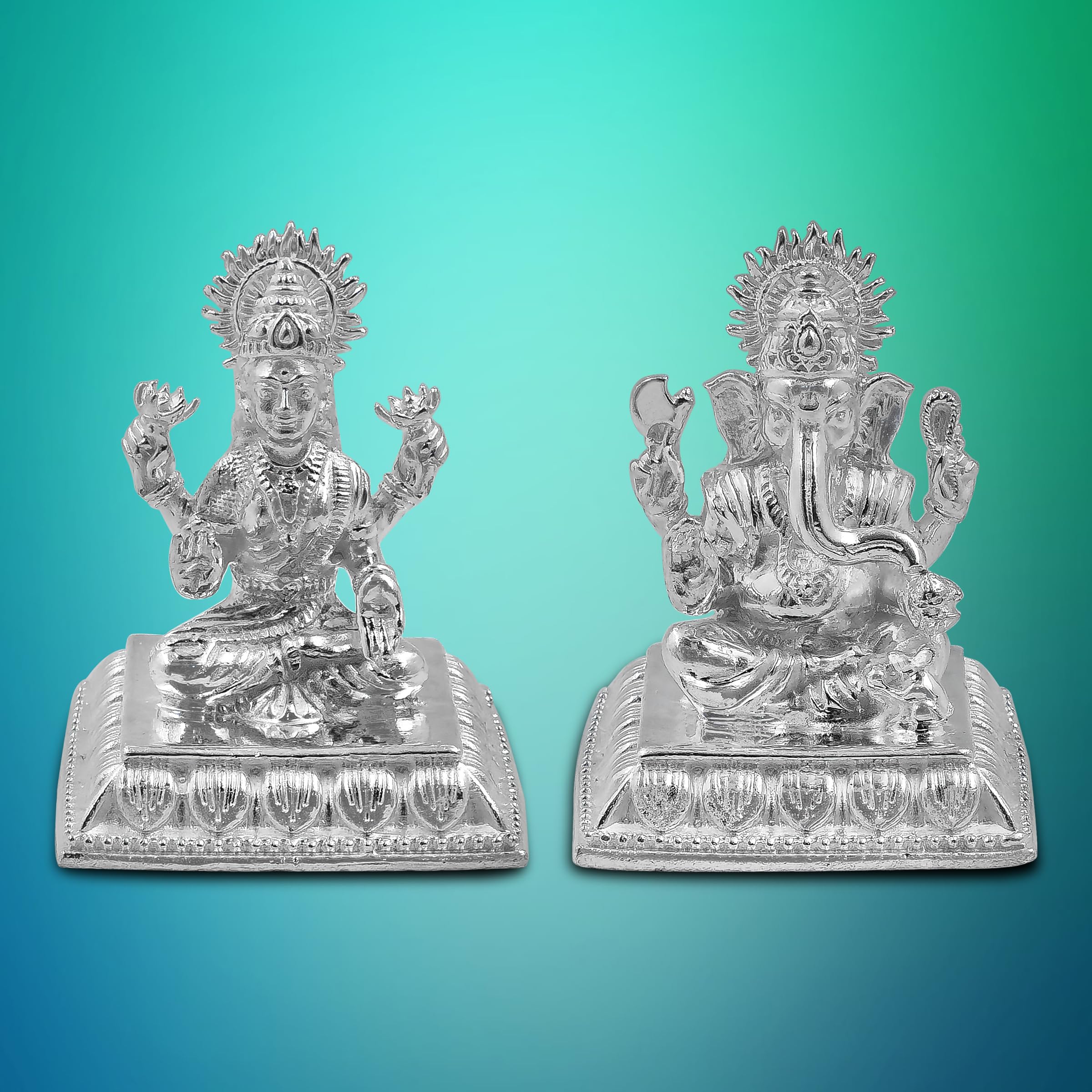Maa Silver Pure Silver Goddess Lakshmi/Laxmiji & Lord Ganesh/Ganpatiji Solid Idol/Murti With Square Designer Base/Paat Perfect F