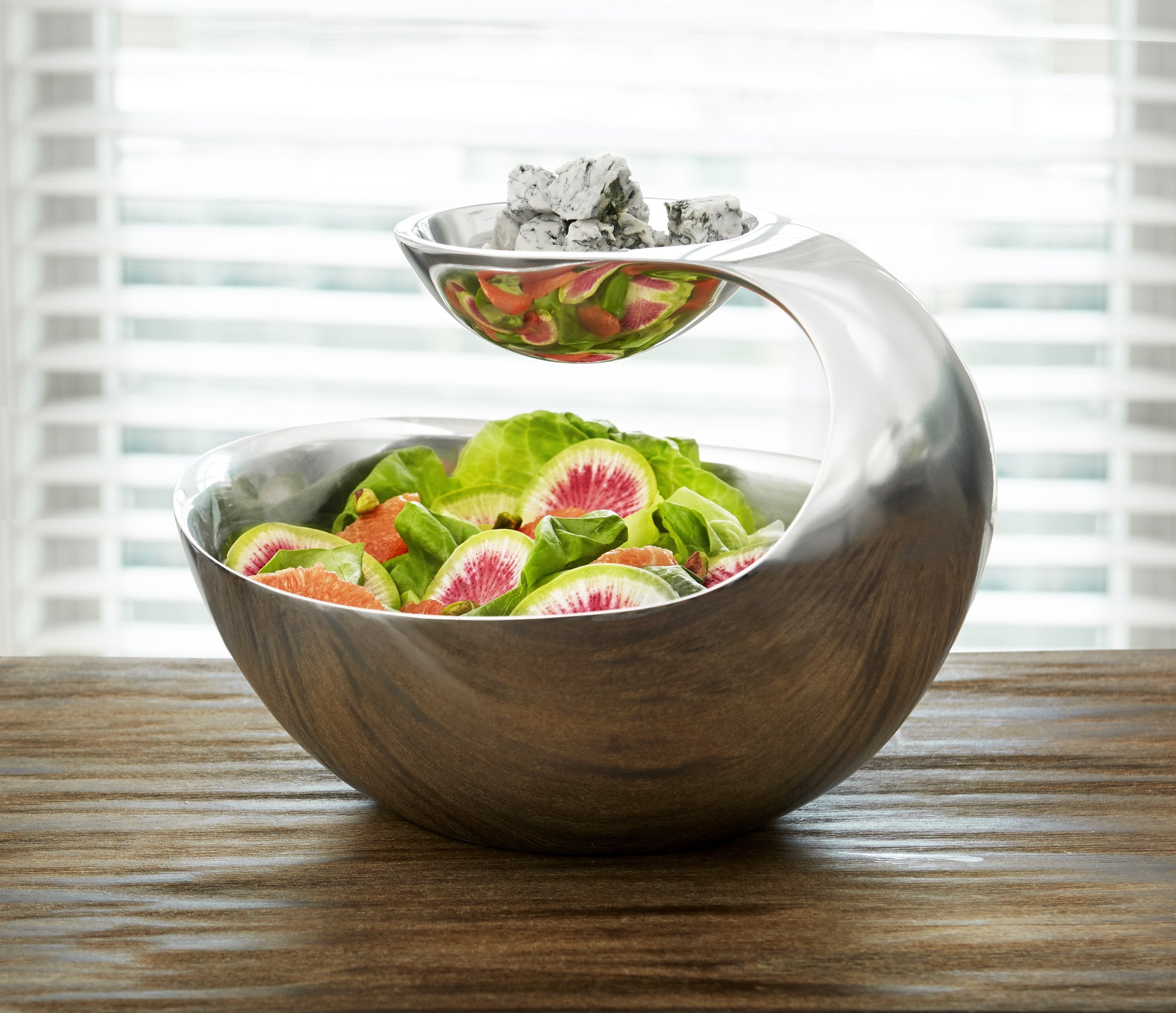 Nambe Scoop Server | Two-Tiered Chip And Dip Bowl | Cold & Hot Appetizer Serving Bowl | Made Of Metal Alloy | 11 X 8 Inch | Desi