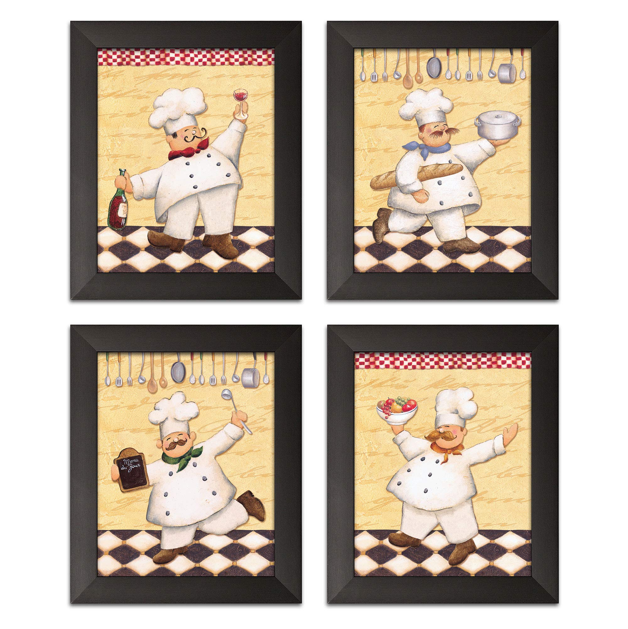 Set Of 4 Happy French Chef Kitchen Prints; Four 8X10 In Black Framed Prints, Ready To Hang!