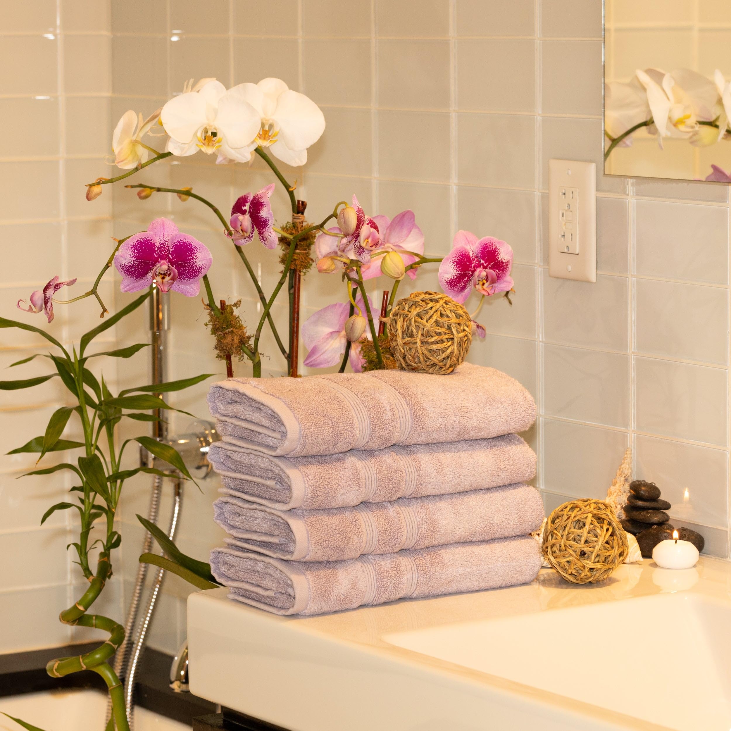 Mosobam Luxury Turkish Set Of 4 Hand Towels 16X30 Lavender Aura 700 Gsm Bamboo Viscose & Aegean Turkish Combed Cotton