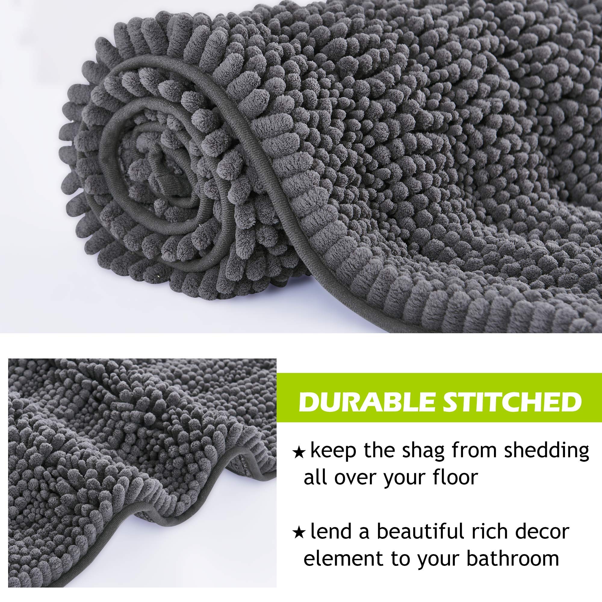 Kgorge Gray Bathroom Rugs - Non Slip Water Absorbent Washable Anti-Skid Super Soft Chenille Kitchen Mats For Living Room Bedroom