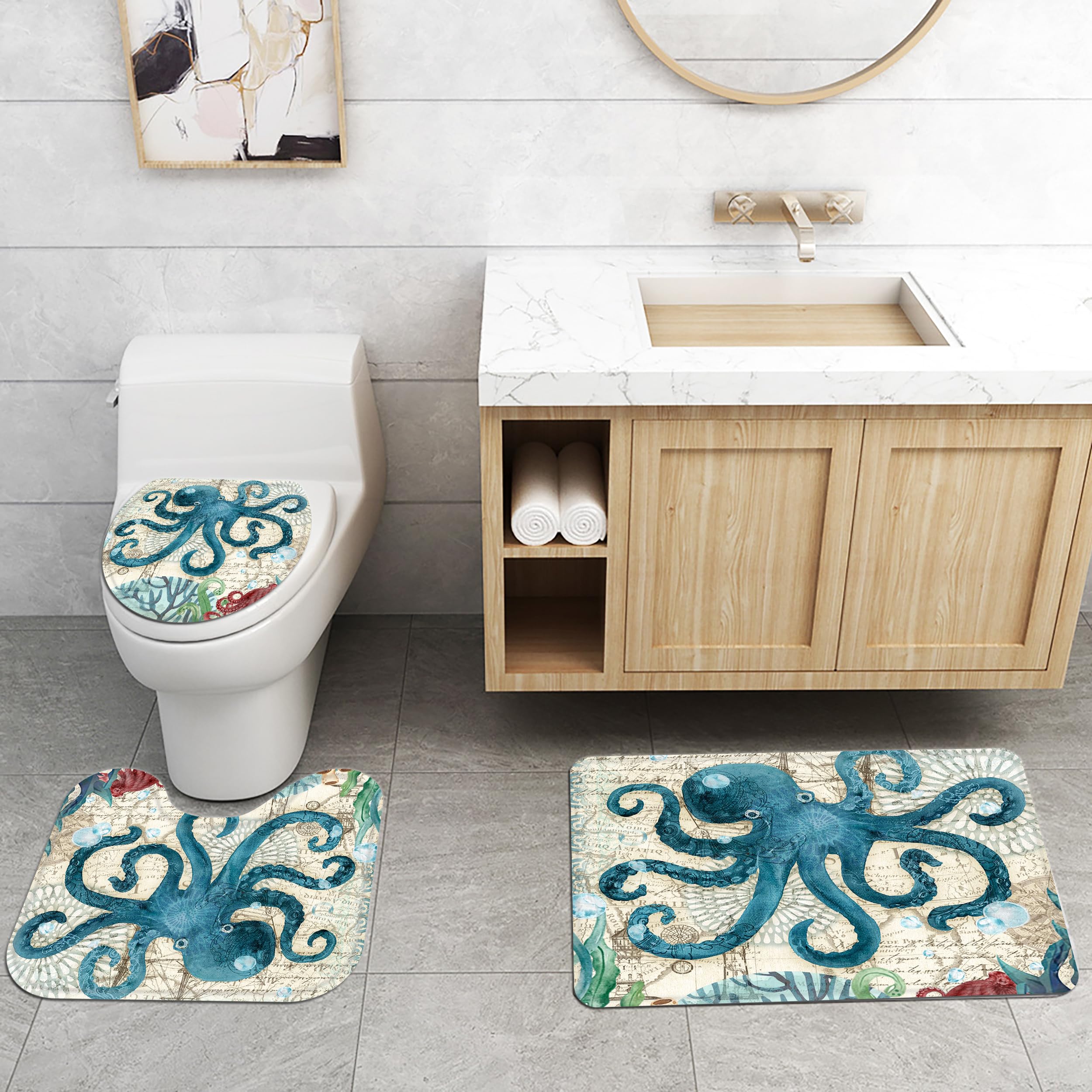 Planially 4Pcs Octopus Waterproof Shower Curtain Sets,Ocean Bathroom Sets With Shower Curtain, Toilet Lid Rug, Contour Mat And B
