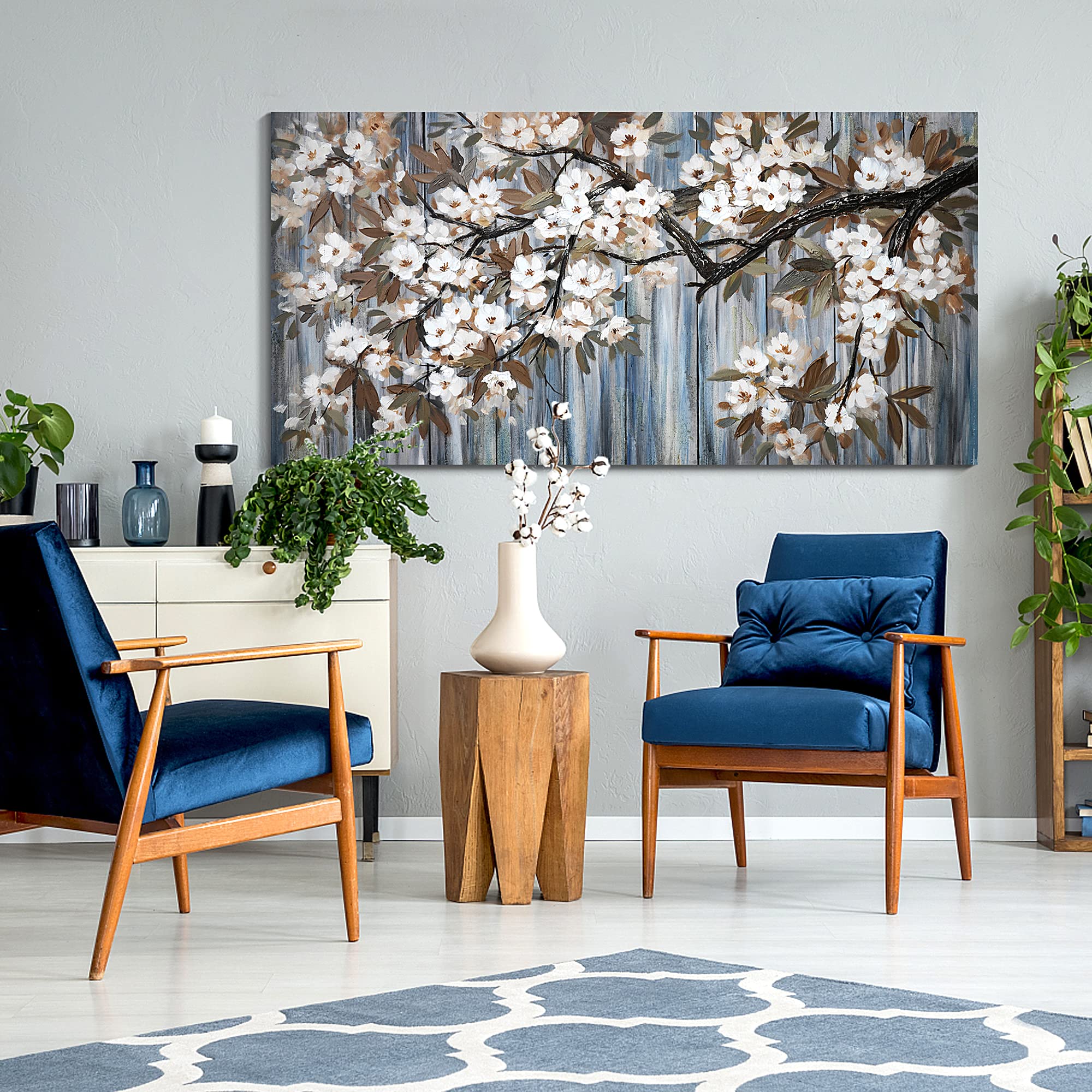 Large Canvas Wall Art For Living Room Wall Decor Abstract White Flower Tree With Gray Driftwood Picture Modern Framed Canvas Pri