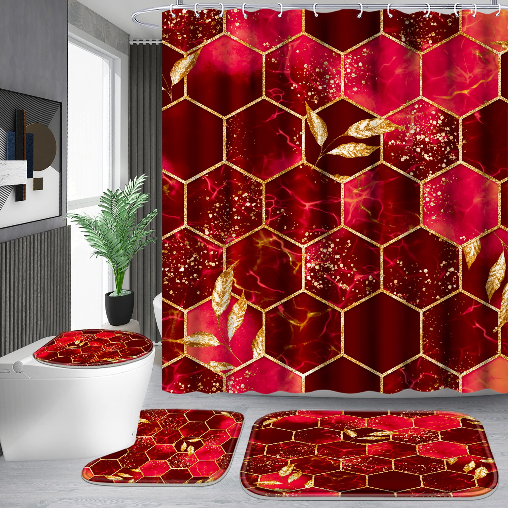 Poedist 4 Pcs Bathroom Shower Curtain Set,Red Honeycomb Marble Bathroom Sets With Rugs(Bath Mat,U Shape And Toilet Lid Cover Mat