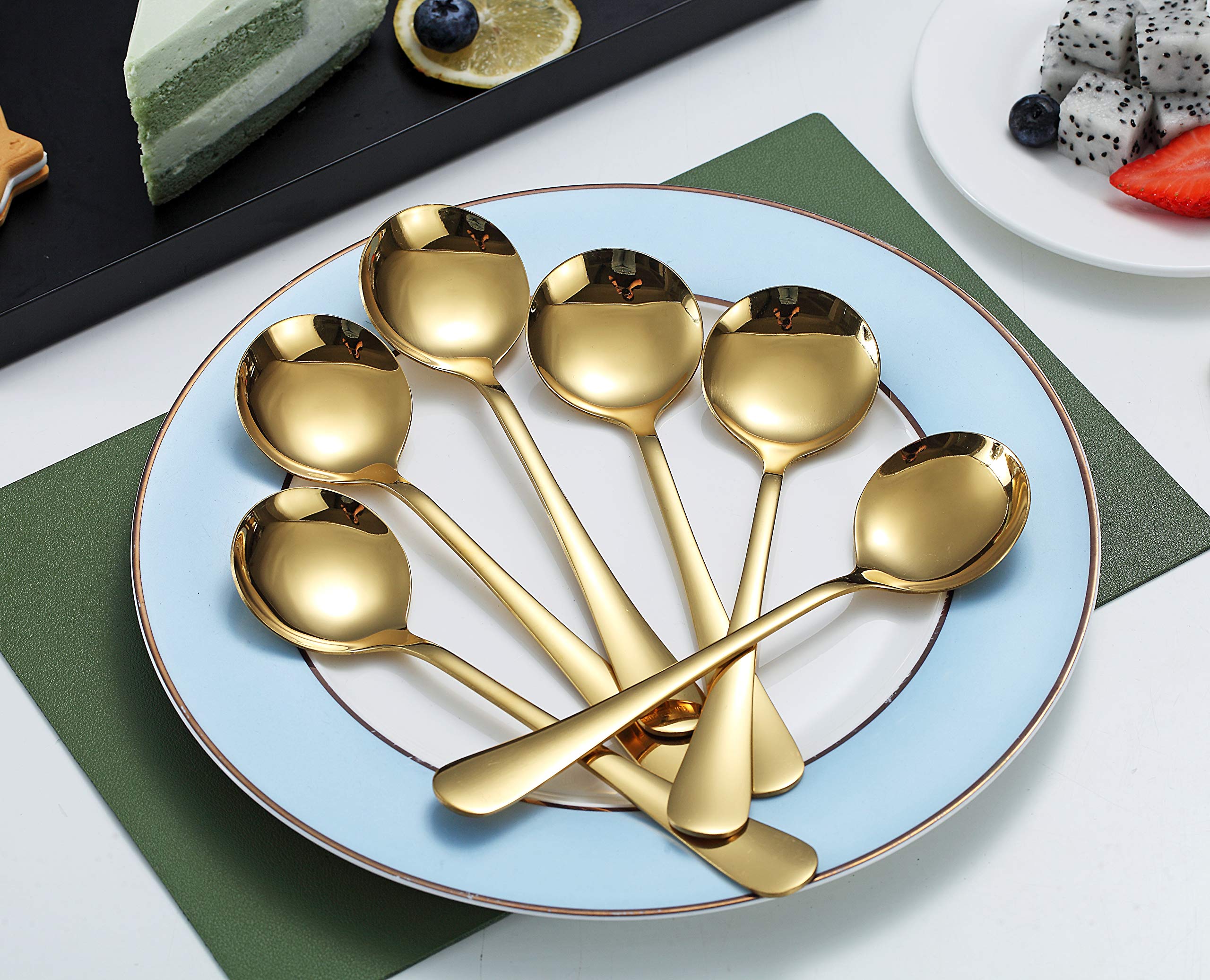 Gold Soup Spoons, Kyraton 6 Pieces Stainless Steel Round Spoons With Gold Titanium Plating, Gold Dinner Spoon Table Spoon, Spoon