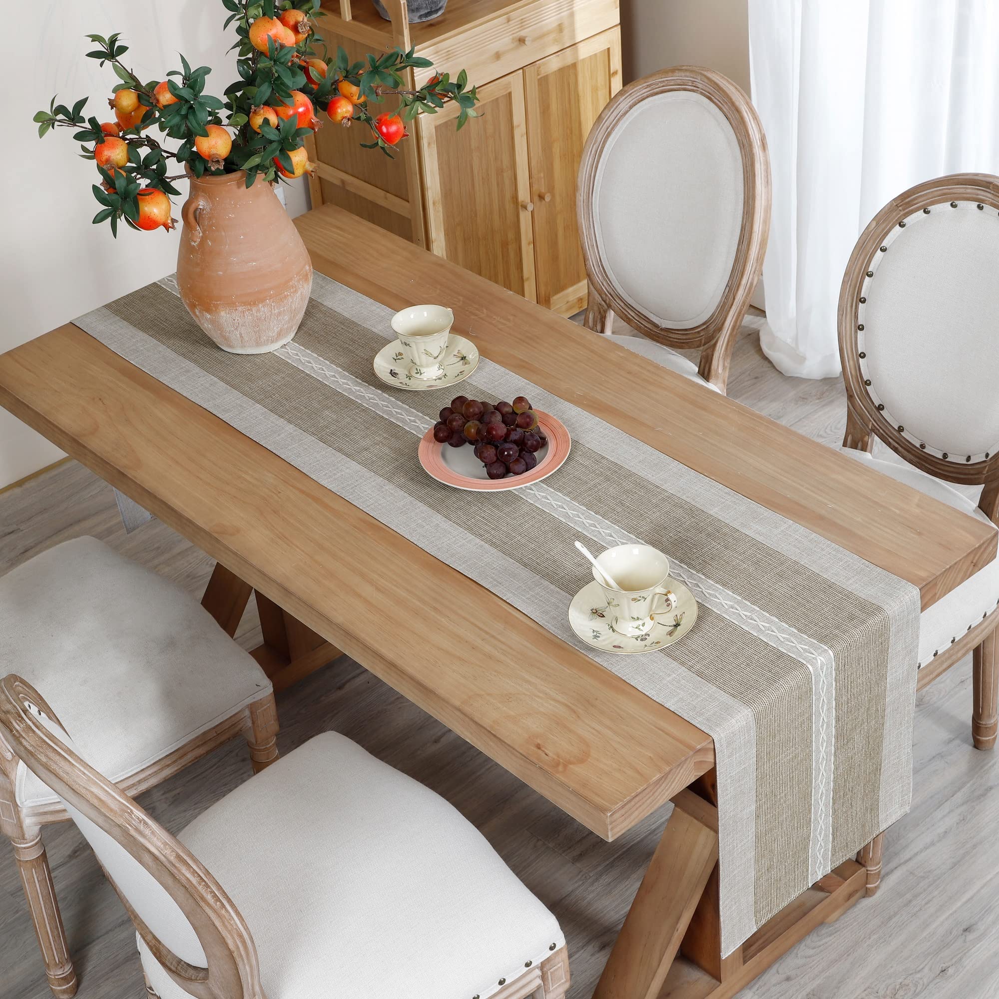 Farmhouse Braided Striped Table Runner Rustic Embroidery Coffee Table Runners For Decorations Weddings Holiday Brown 13X108Inch