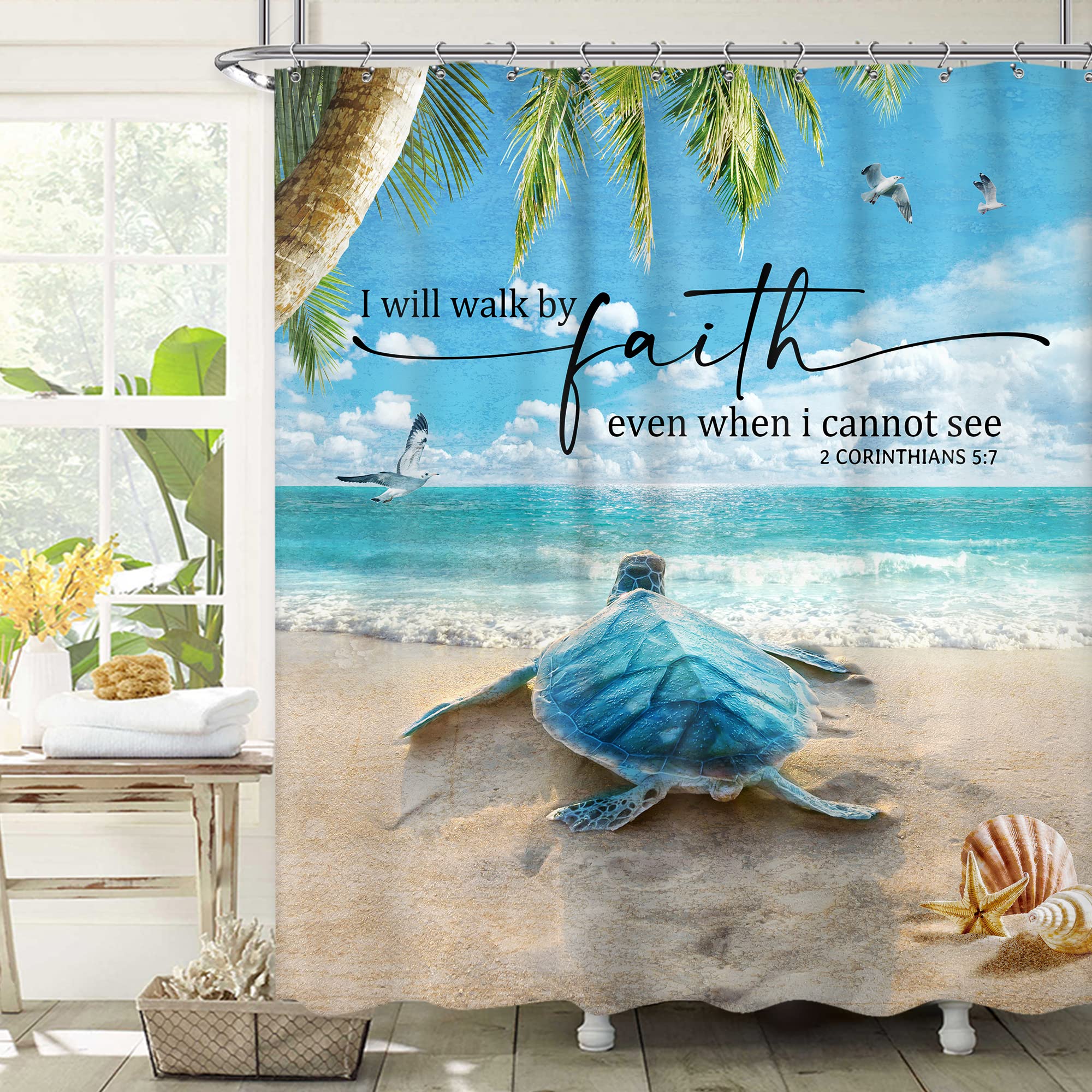 Newsely Beach Turtle Bible Verse Shower Curtain 60Wx72H Inch Rustic Blue Ocean Sea Turtle Animal Summer Coastal Scenery Bathroom