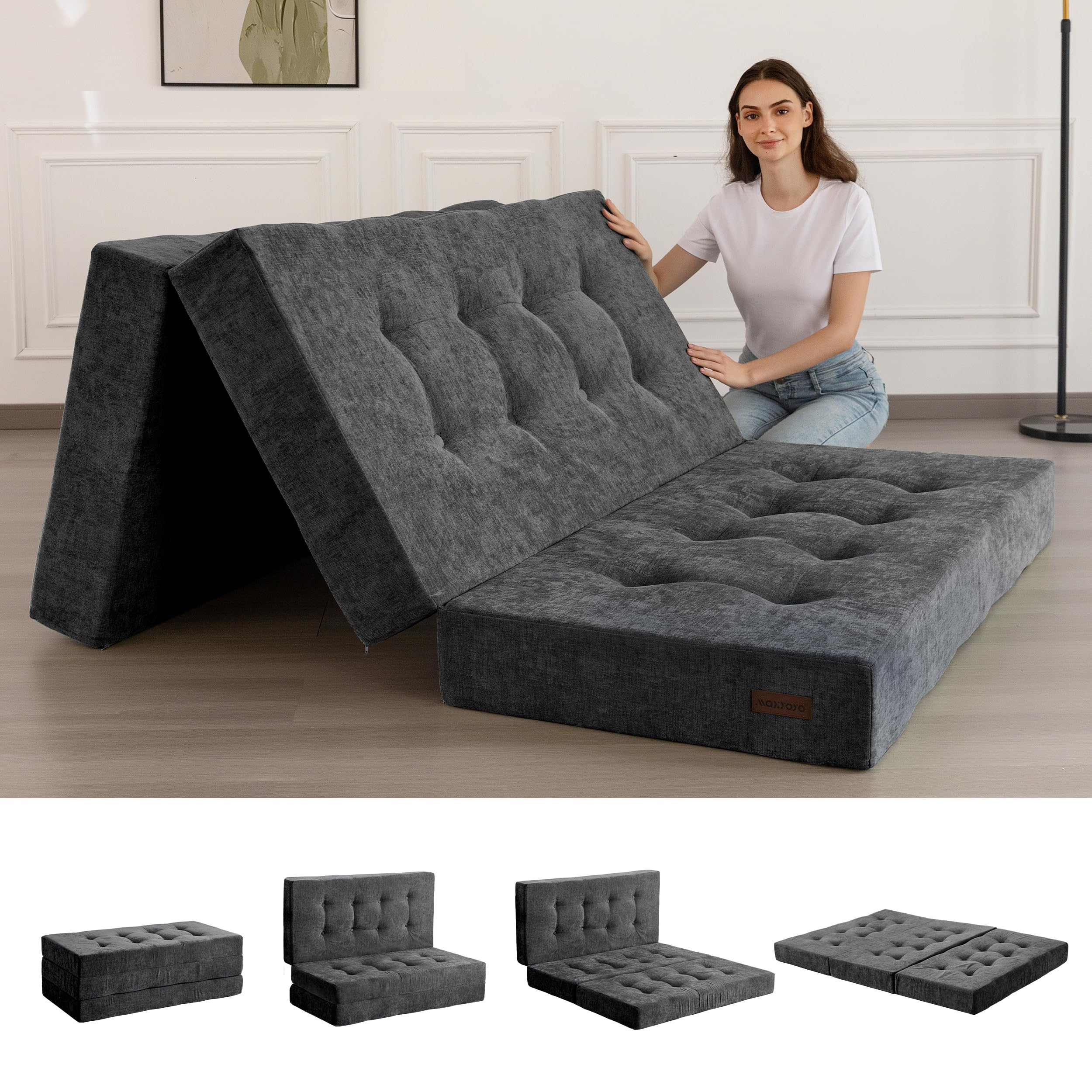 Maxyoyo Tri-Fold Mattress, 6 Inch Tufted Folding Mattress With Chenille Fabric, Portable Twin Size Floor Guest Mat For Adults, F