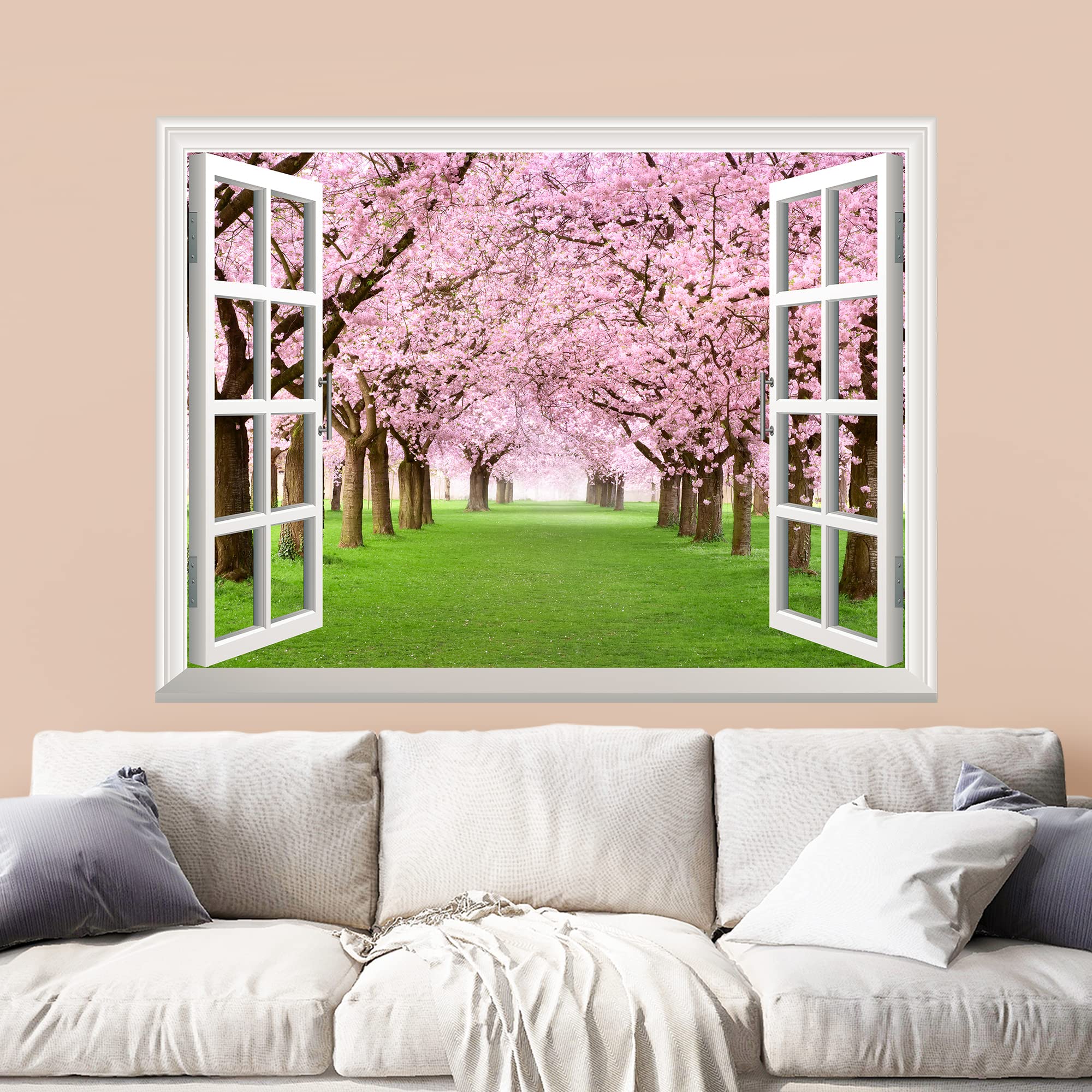 Wall26 Removable Wall Sticker/Wall Mural - Cherry Blossom View Out Of The Open Window Creative Wall Decor - 24 Inchx32 Inch