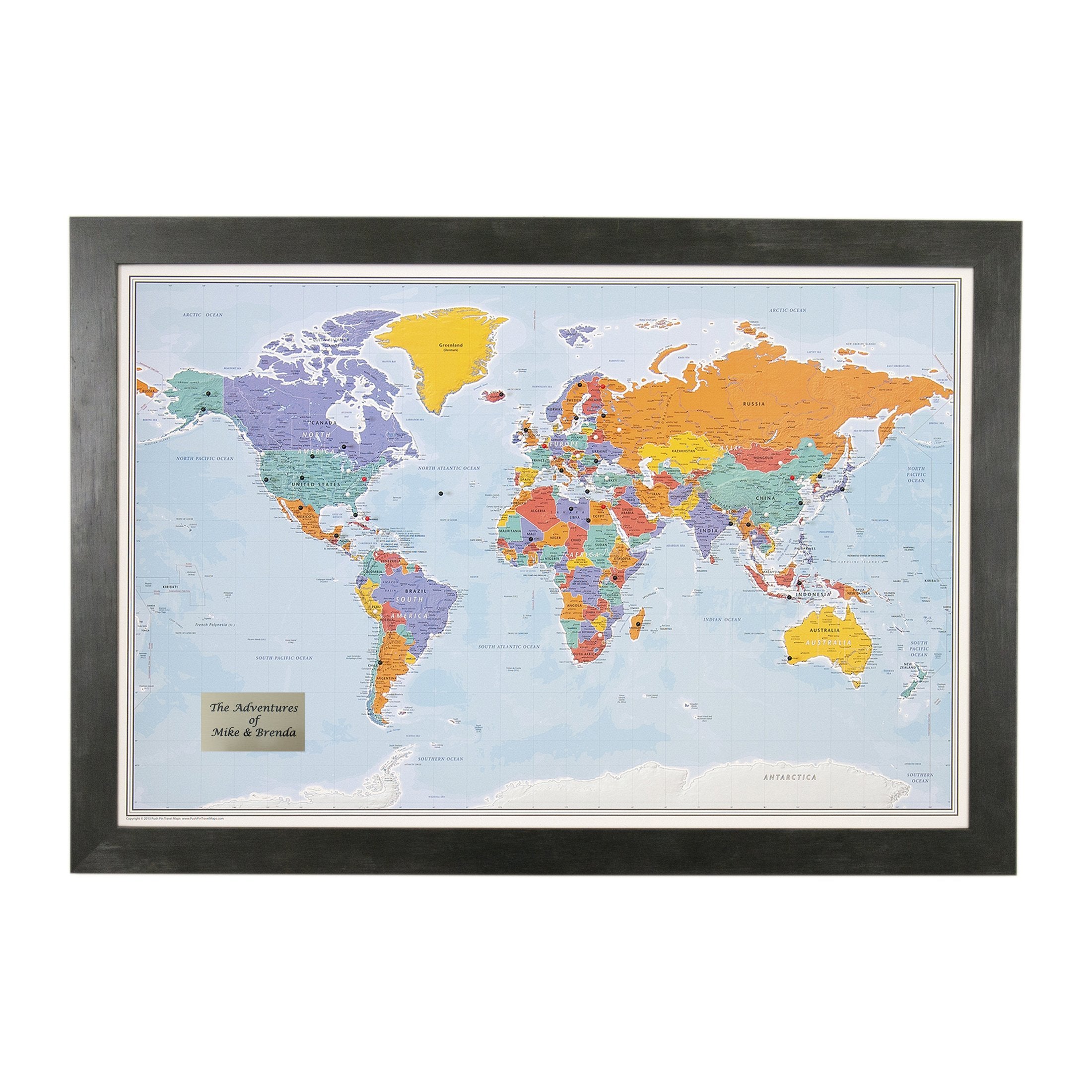 Push Pin Travel Maps - Customizable Blue Oceans World Push Pin Travel Map With Rustic Black Frame- 27.5'' X 39.5'' - 8 Handcraft