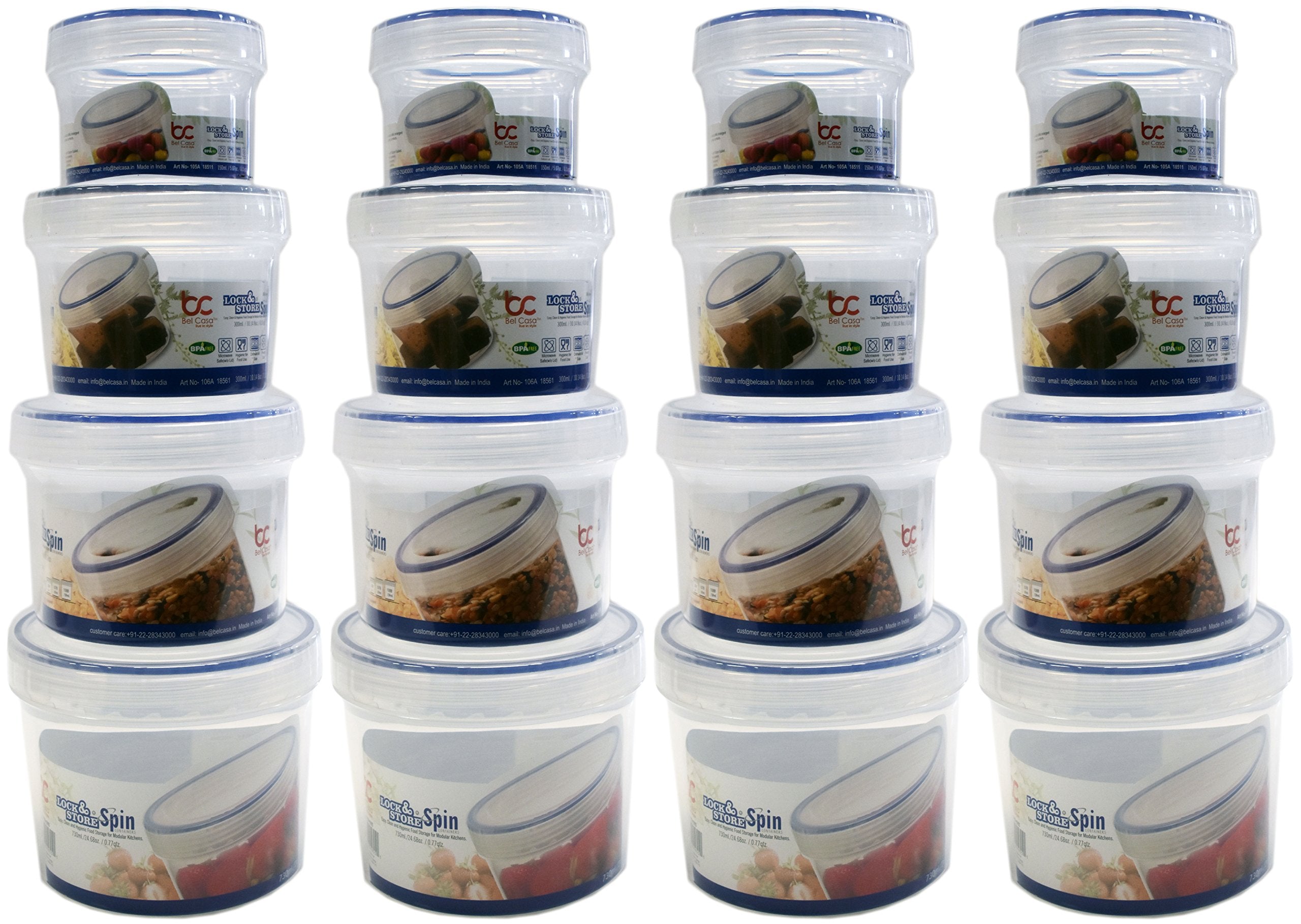 Set Of 16 Lock & Store Spin Food Storage Containers! 4 Assorted Sizes - Spin Close Top - Microwave - Dishwasher - Freezer Safe -