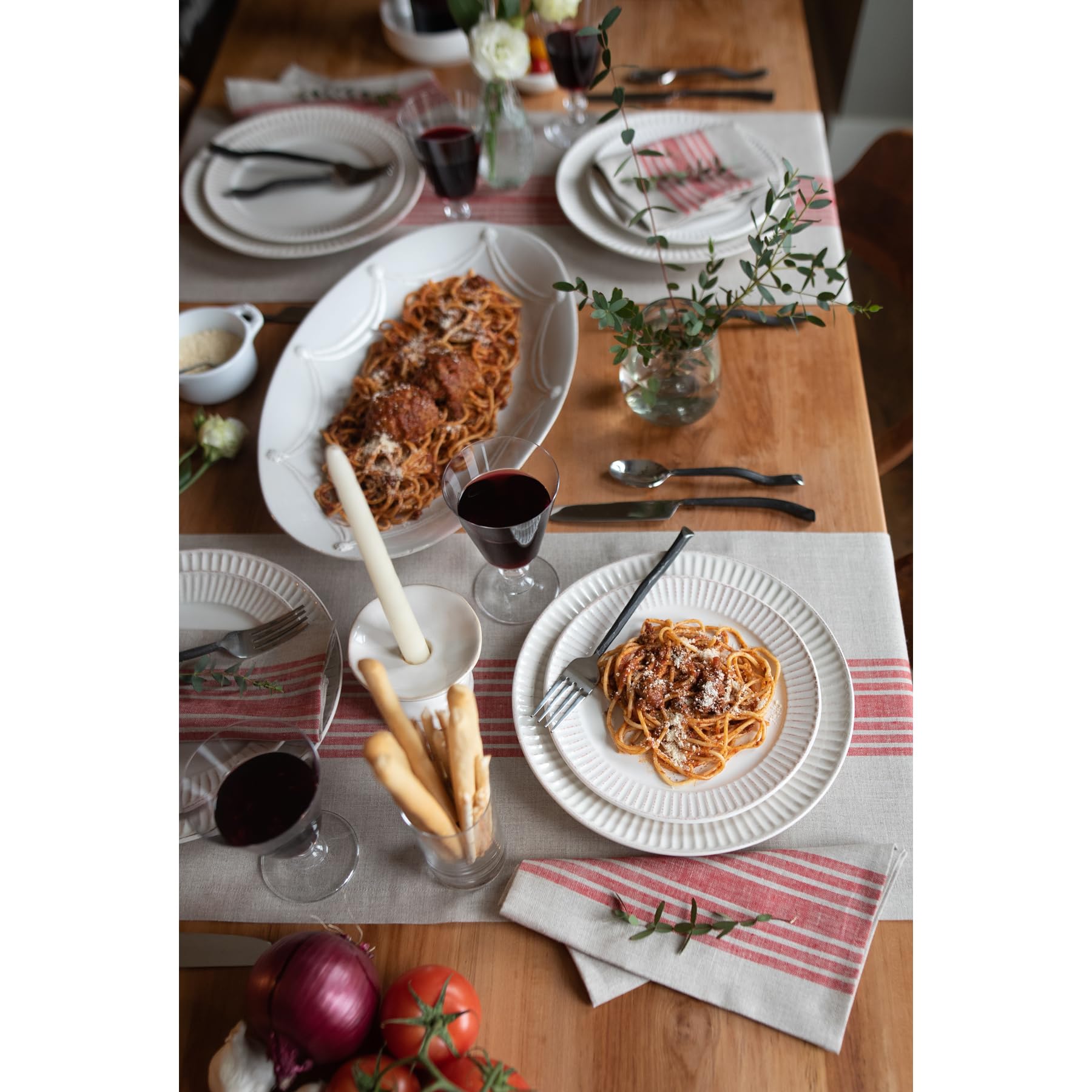 Solino Home Stripe Linen Table Runner 90 Inches Long - 100% Pure Linen Red And Natural Table Runner 14 X 90 Inch - Machine Washa