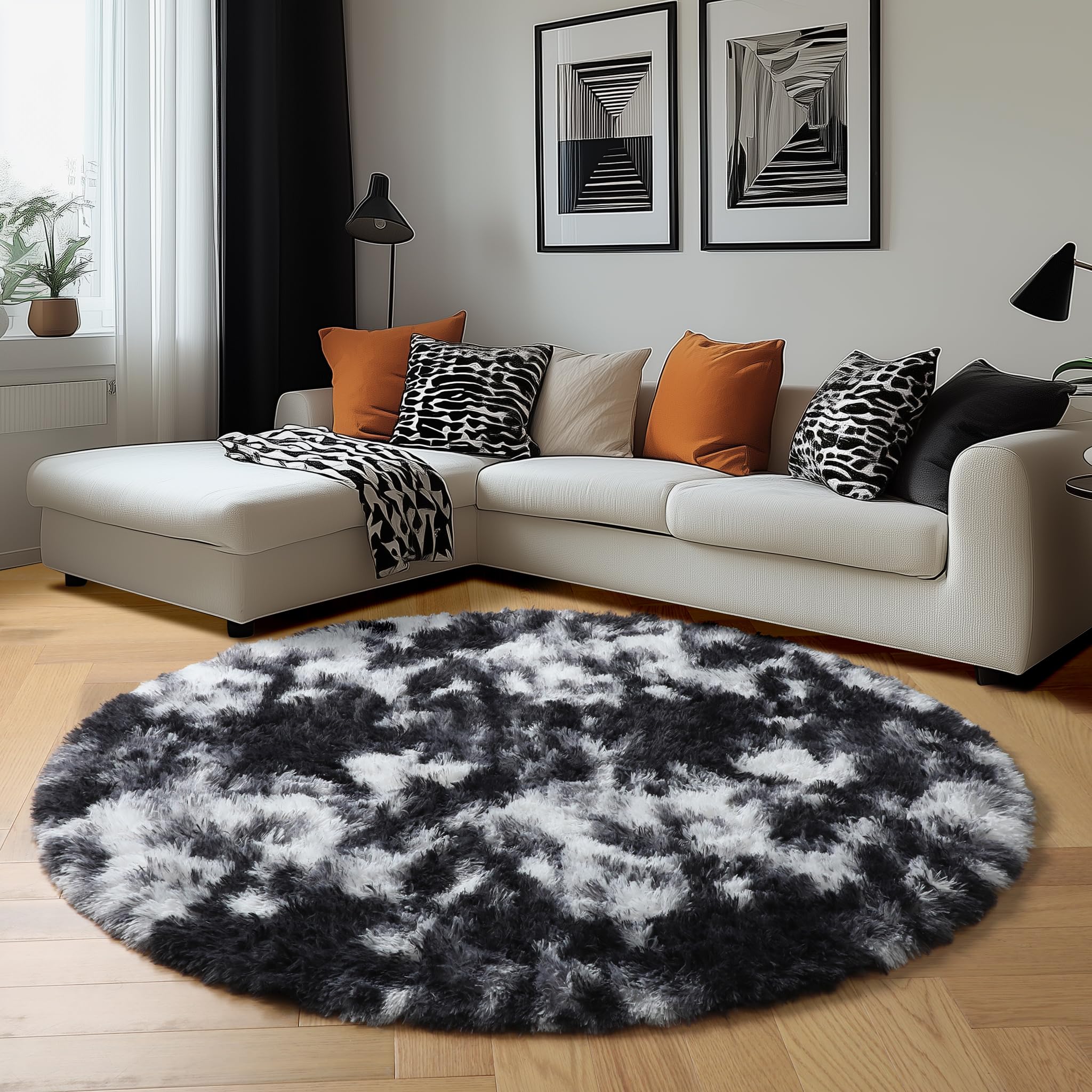 Amdrebio Black White Grey Circle Rug 6Ft Round Area Rugs for Living Room Bedroom, Fluffy Fuzzy Shaggy Furry Rugs for Home Office