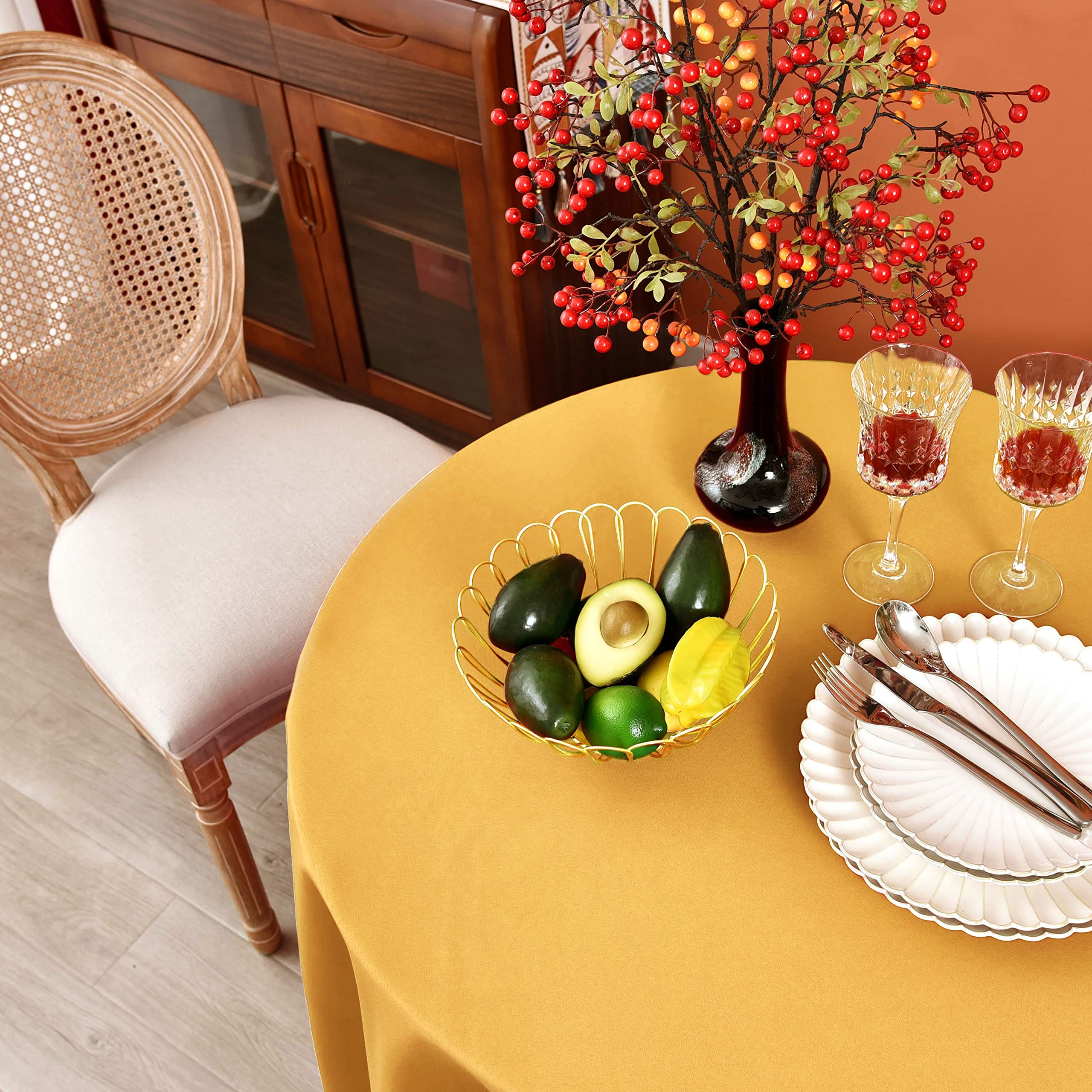 Meanmoy Gold 210 Gsm Water & Stain Resistant Round Tablecloth For Circle Table - Solid 60 Inch Table Cloth Cover In Wrinkle Free