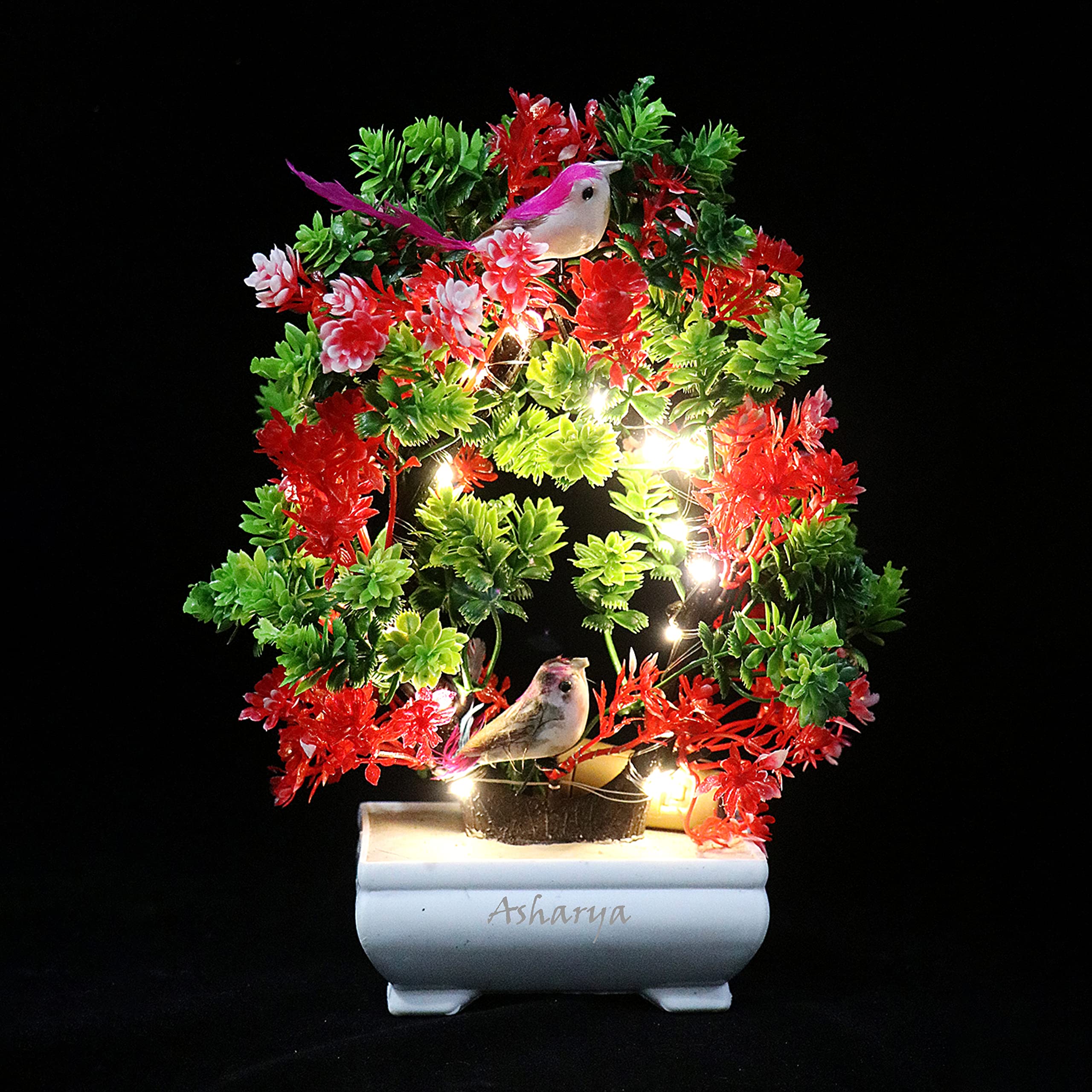 Asharya Artificial Bonsai Plant with LED Light  Faux Bonsai Tree Decor for Desk, Home, Office | Realistic Look| Small Potted Pla