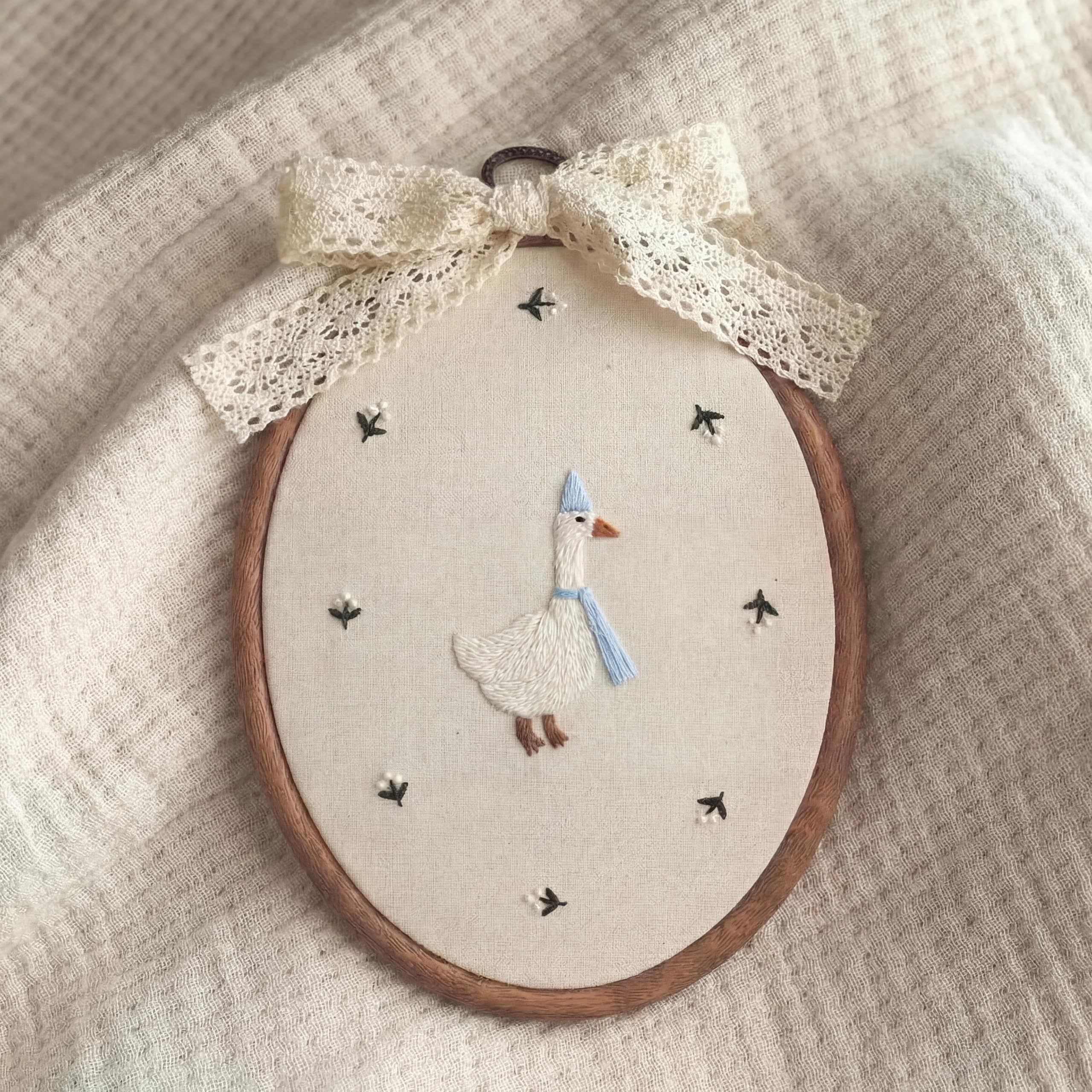 Yalikop Large Silly Goose Wall Art 7 x 10 Embroidered Goose Nursery Decor with Bow Lace Wooden Hoop Coquette Framed Canvas Art