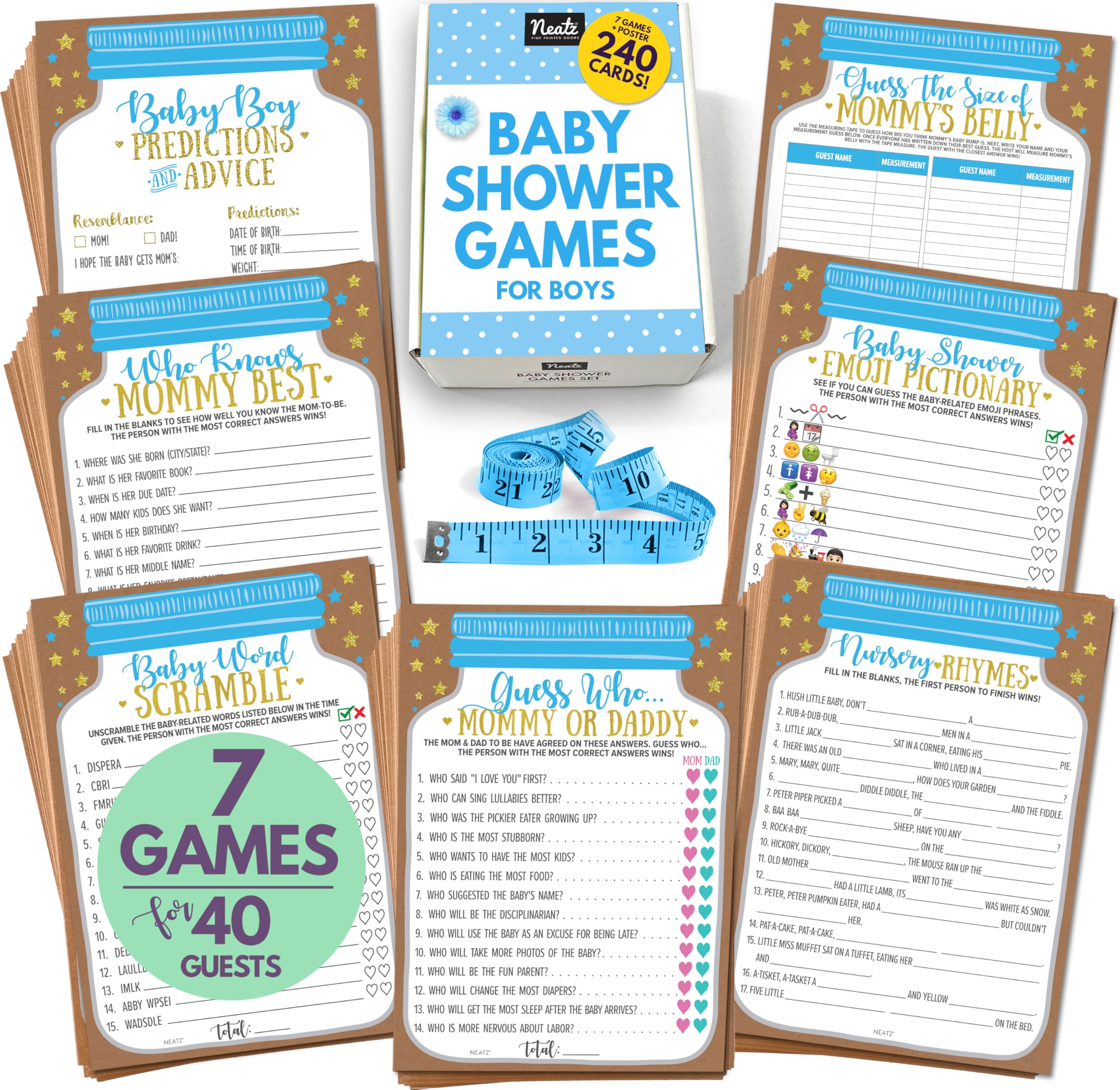 Neatz Baby Shower Games Boy - Huge Set, 7 Games (40 Of Each, 240 Cards) - Blue Mason Jar Design To Match Your Baby Shower Decora