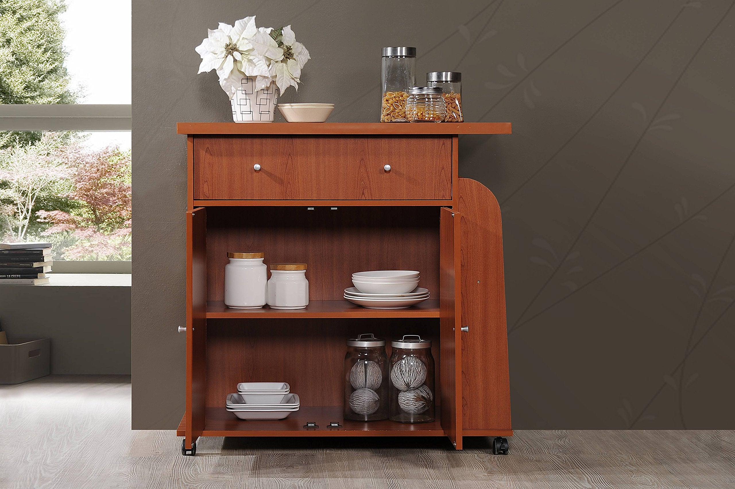 Hodedah Kitchen Cart with Spice Rack in Cherry
