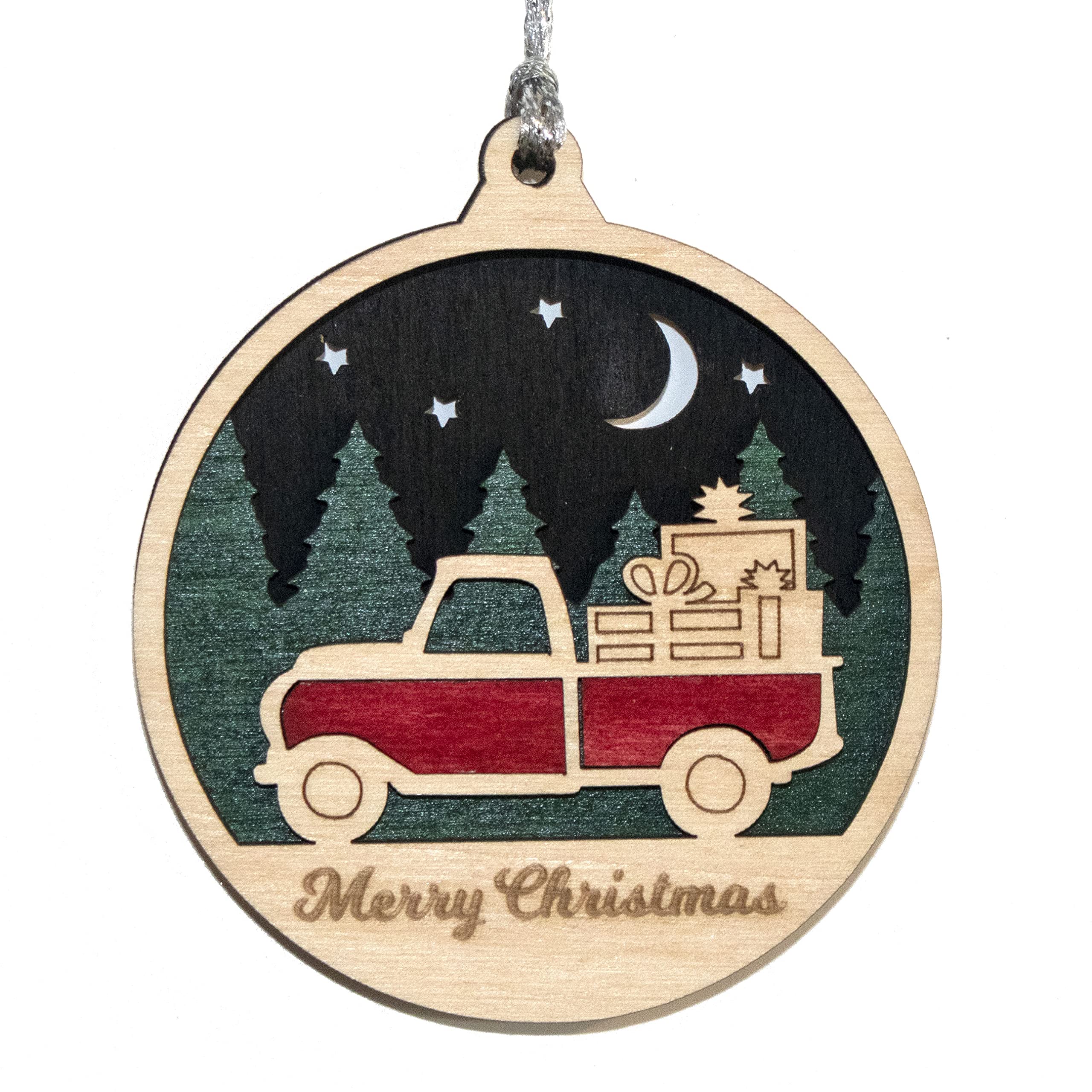 Rustic Wood Christmas Ornament - Vintage Truck with Presents, 3 Laser Cut Holiday Decor, Handmade in Oregon USA