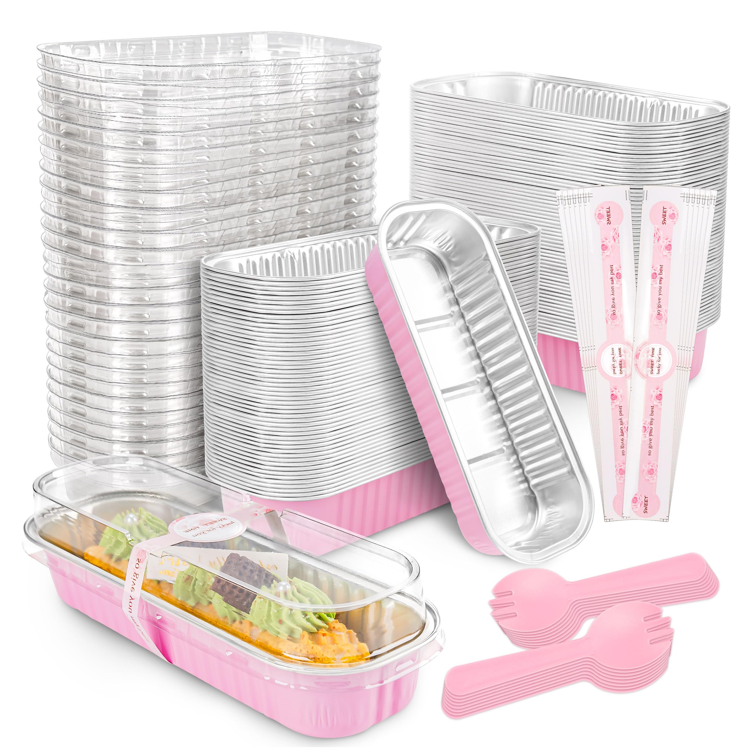 NPLUX 100 Pack Mini Cake Pans with Lids and Spoons Rectangular Aluminum Foil Baking Pans Mini Cheesecake Containers(6.8oz)