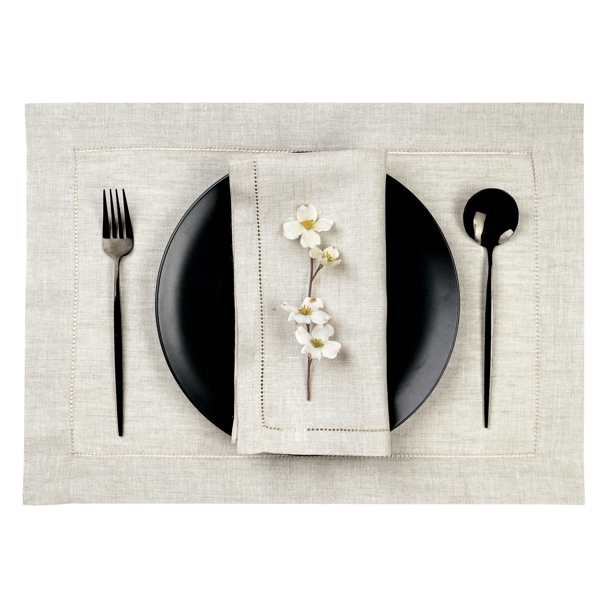 D'Moksha Homes Linen Placemats Set Of 4-100% Pure Linen Light Natural Placemats 14 X 19 Inch - Classic Hemstitch, Washable Light