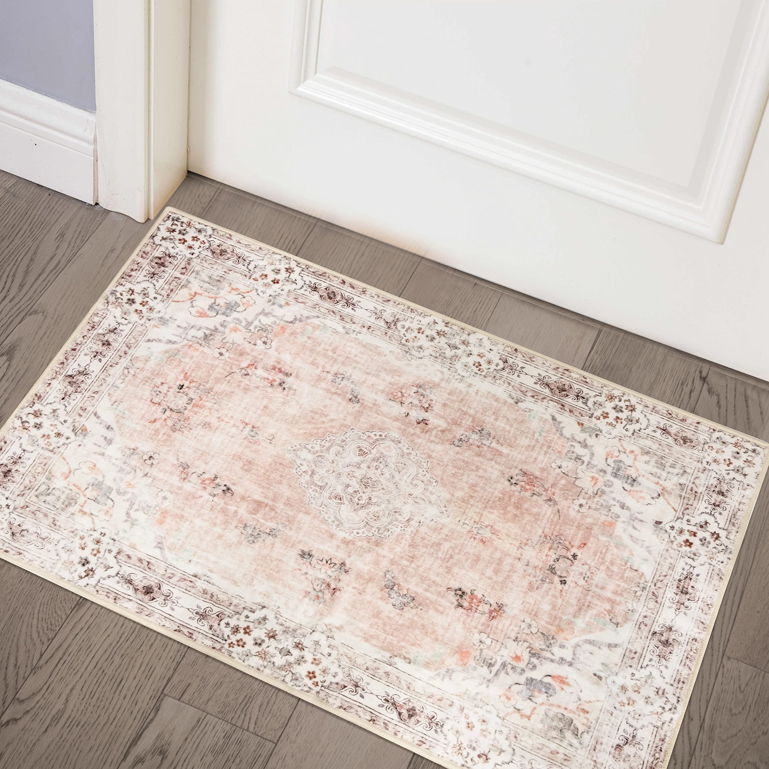 MUJOO Pink Area Rug Small Area Rugs Boho Machine Washable Rugs Non Slip for Entryway Kitchen Bathroom Bedroom Vintage Soft Low-P