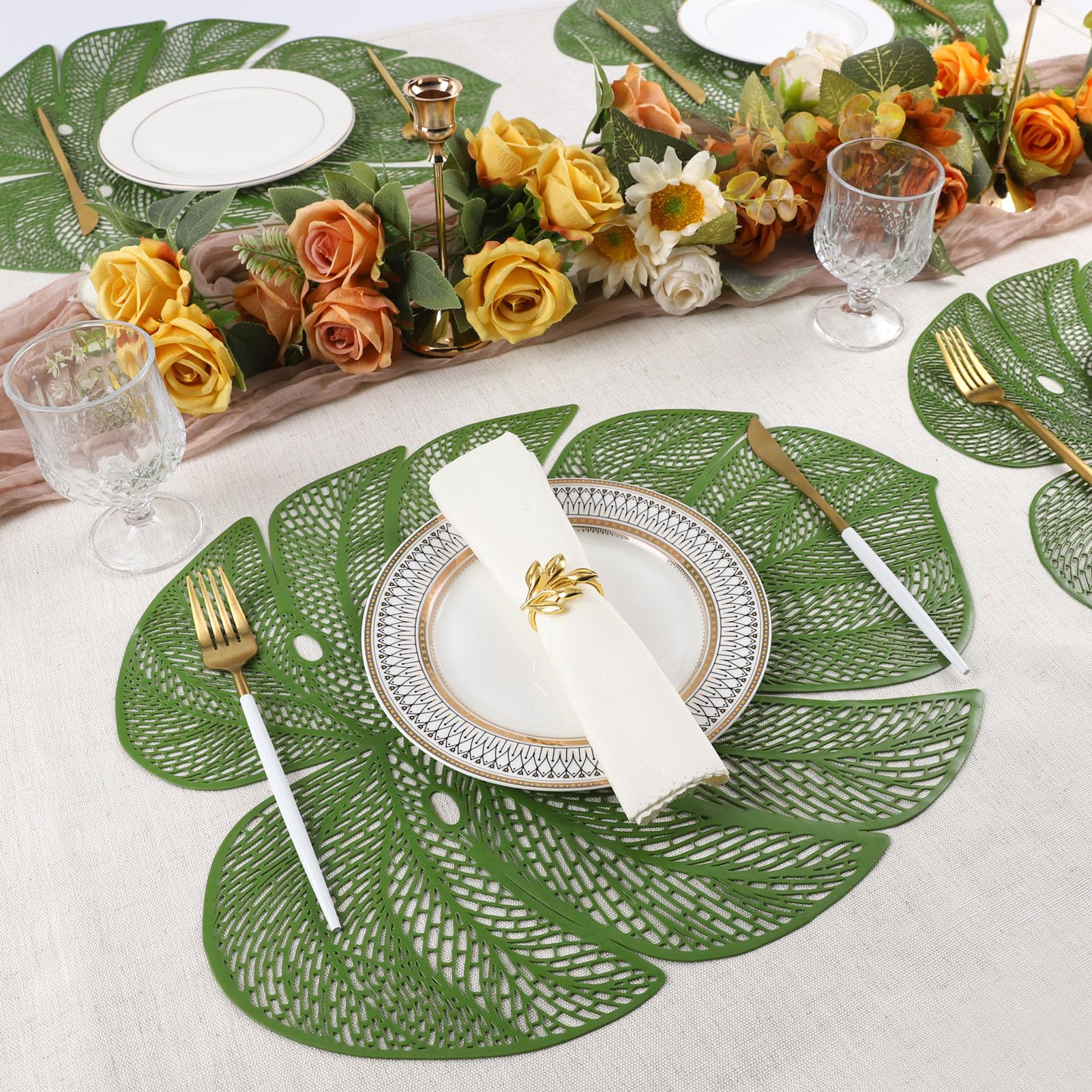 Evevda Green Leaf Shaped Vinyl Placemats For Dinner Table Set Of 8 Metallic Plastic Green Place Mats Wipeable 6Pcs Table Mats Fo