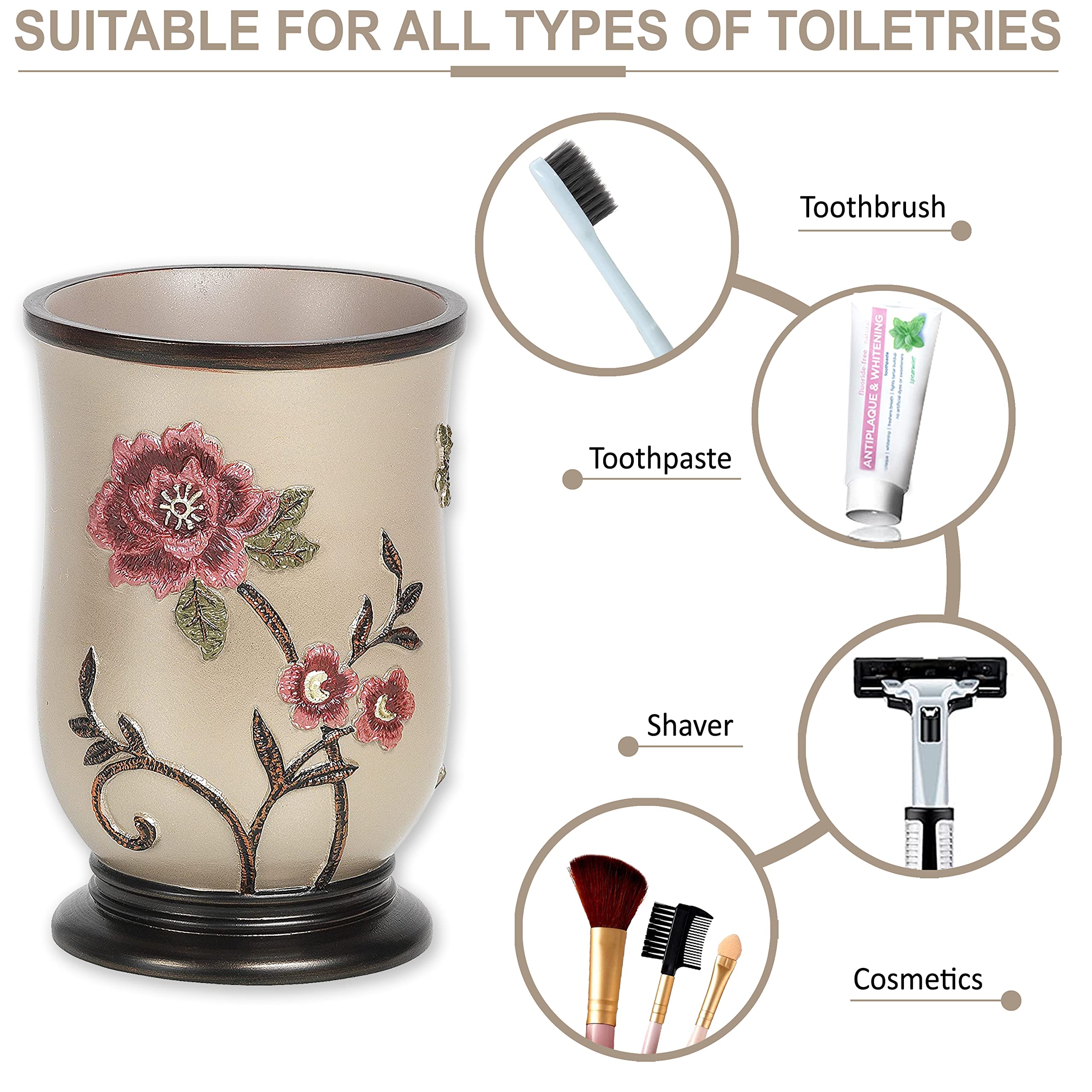 Zahari Home 4pc Larrisa Floral Bathroom Accessories Sets Modern Classic Flower Soap Dispenser  Tumbler  Tooth Brush Holder and Soap Dish Holder Luxury Decor Unique Design Stylish Bathroom Sets