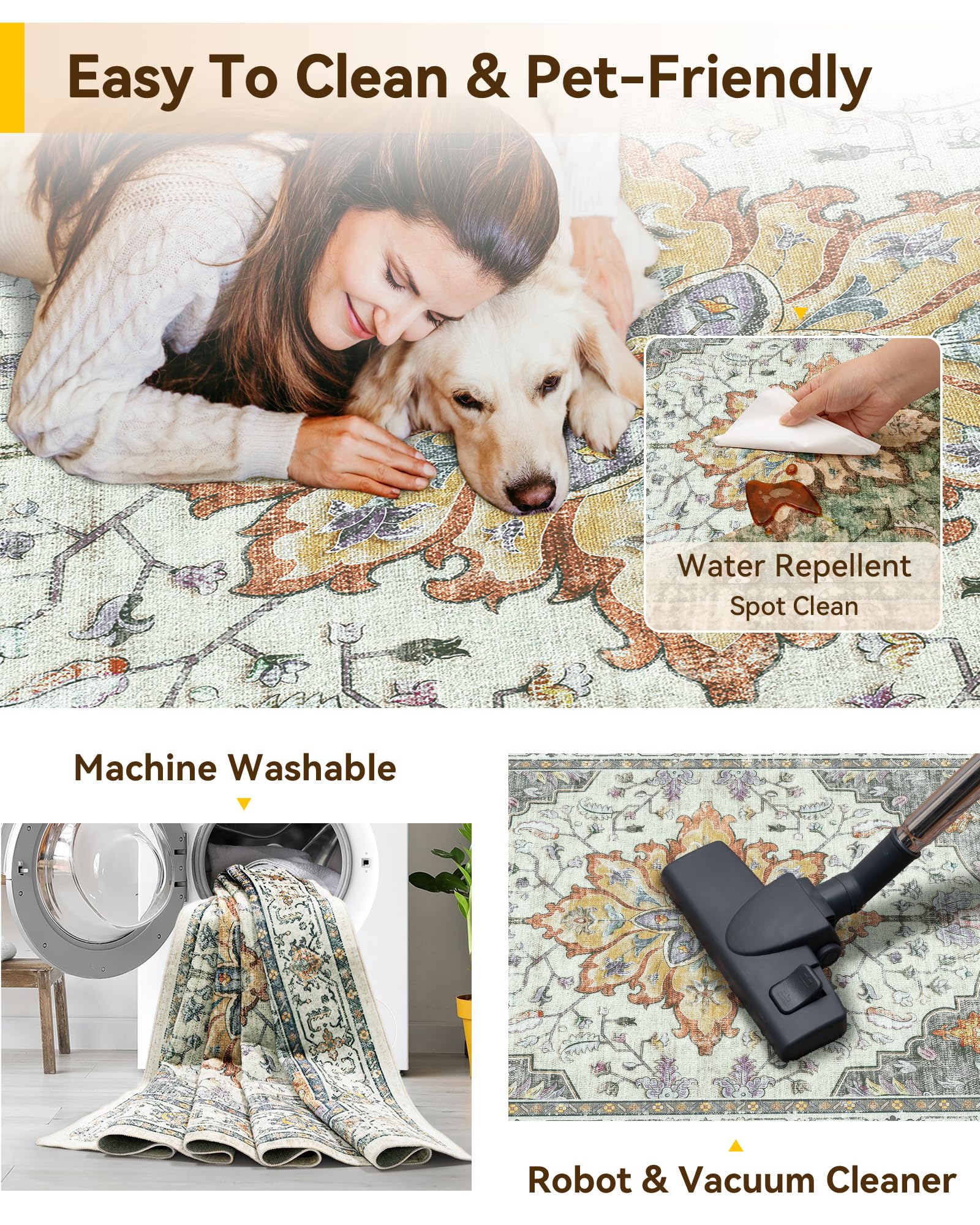 RELEANY Area Rugs 8x10 Washable Non-Slip, Floral Vintage Distress Print Pattern Medallion Carpet for Living Room Bedroom Dinin