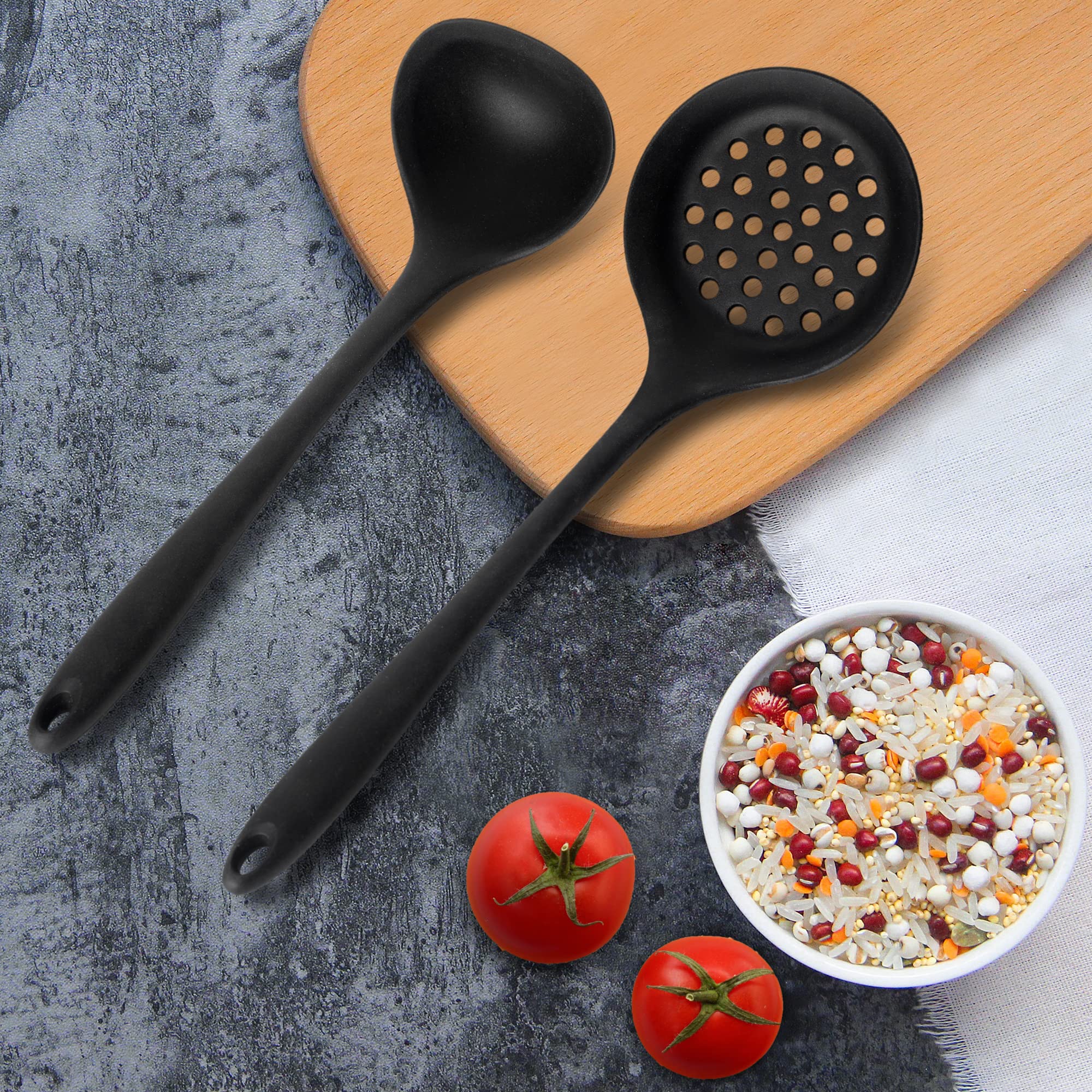 Silicone Soup Ladle Spoon Set Of 2,Silicone Nonstick Large Skimmer Slotted Spoons,Kitchen Ladle Strainer Spoons Heat Resistant C