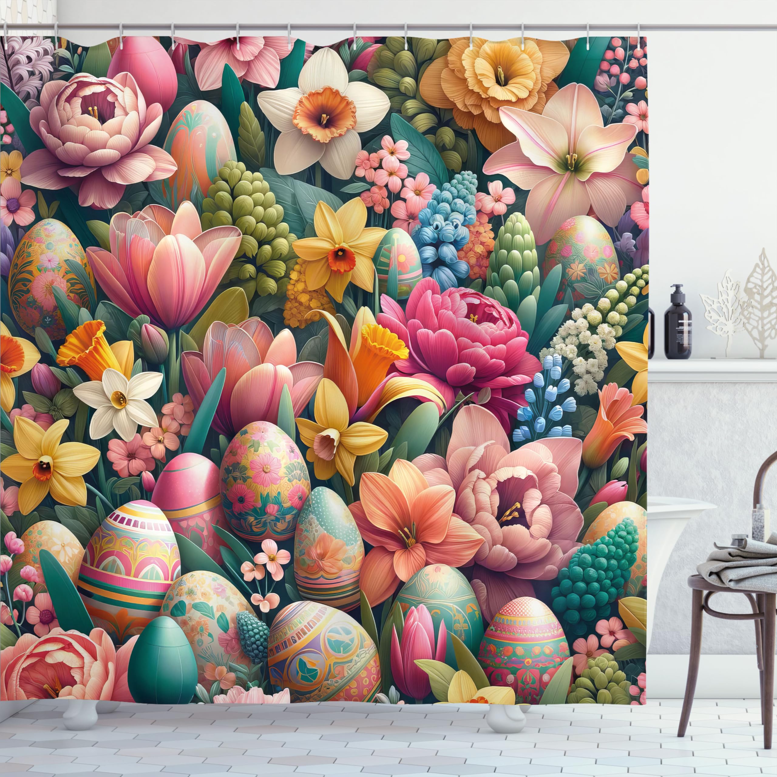 Ambesonne Spring Shower Curtain, Dreamy View Of Easter Eggs Floral Garden Huddles With Greenery Leaves, Cloth Fabric Bathroom De