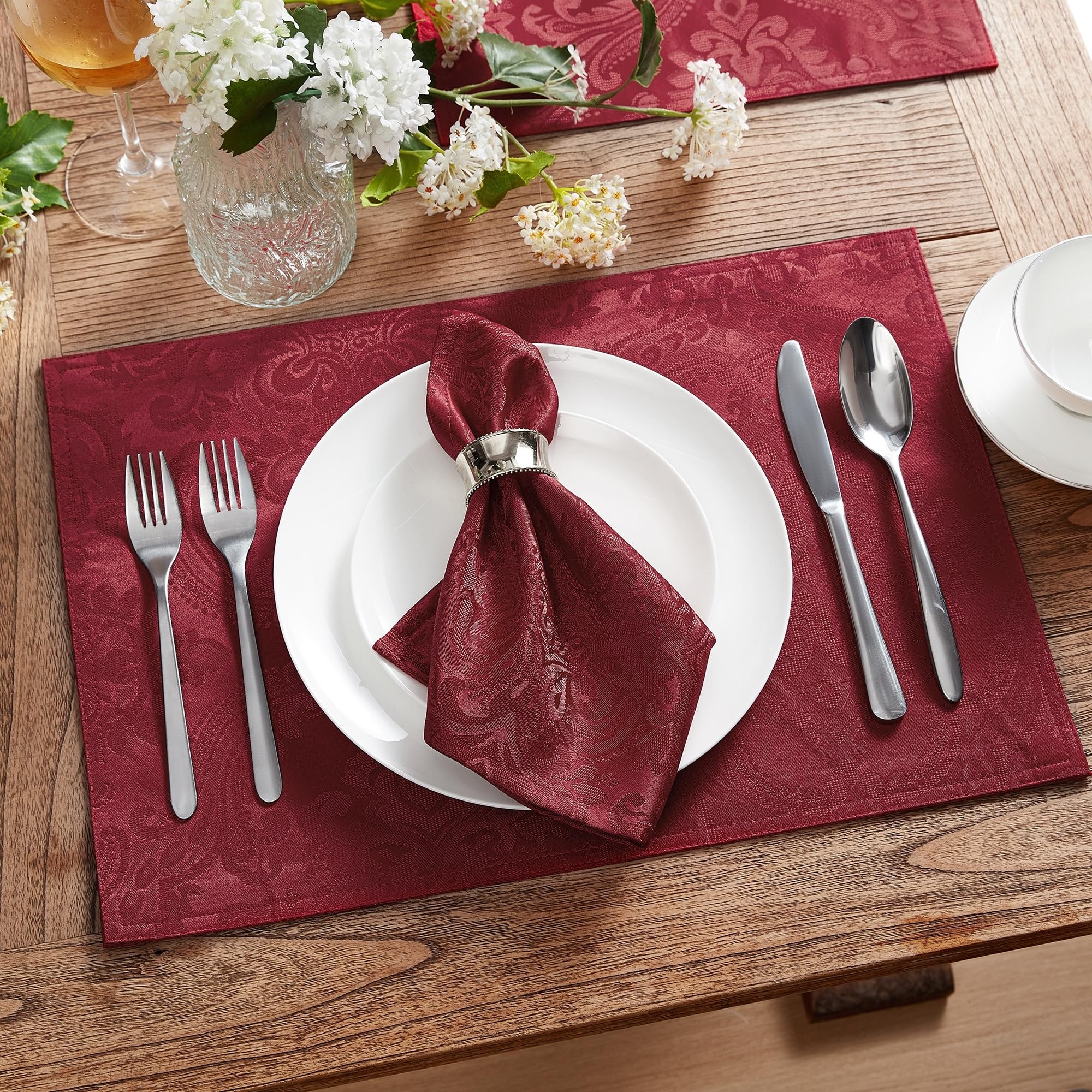 Elrene Home Fashions Caiden Elegance Damask Fabric Napkins (Set Of 4), 17'' X 17'', Cranberry 4 Count