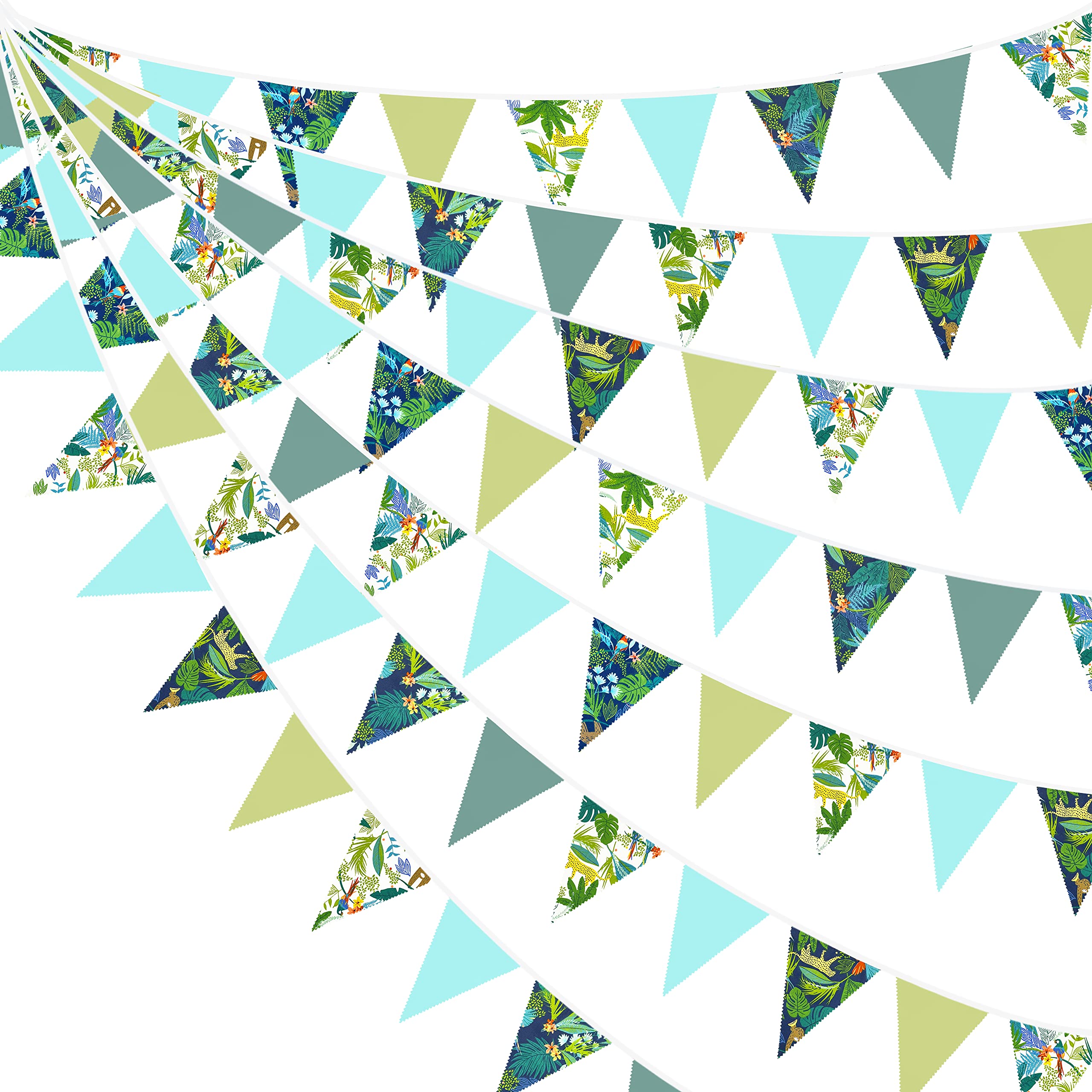 32Ft Teal Blue Green Summer Tropical Leaves Wild Animals Printed Pennant Banner Fabric Triangle Flag Cotton Bunting Garland For
