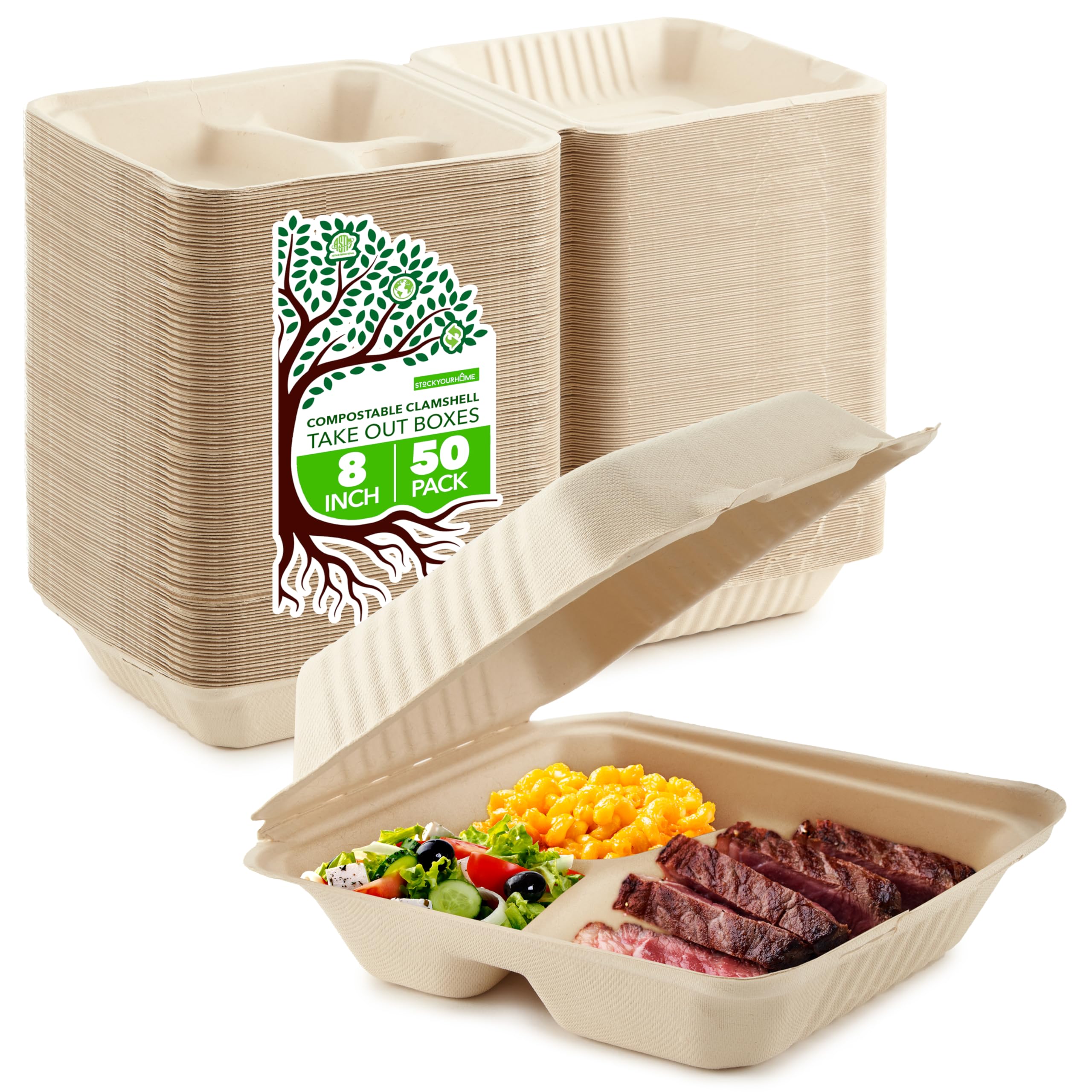 Clamshell Take Out Food Containers 8 x 8 (50 Pack) 3Compartment, Disposable To Go Container, Togo Boxes With Lids, Trays for Lu