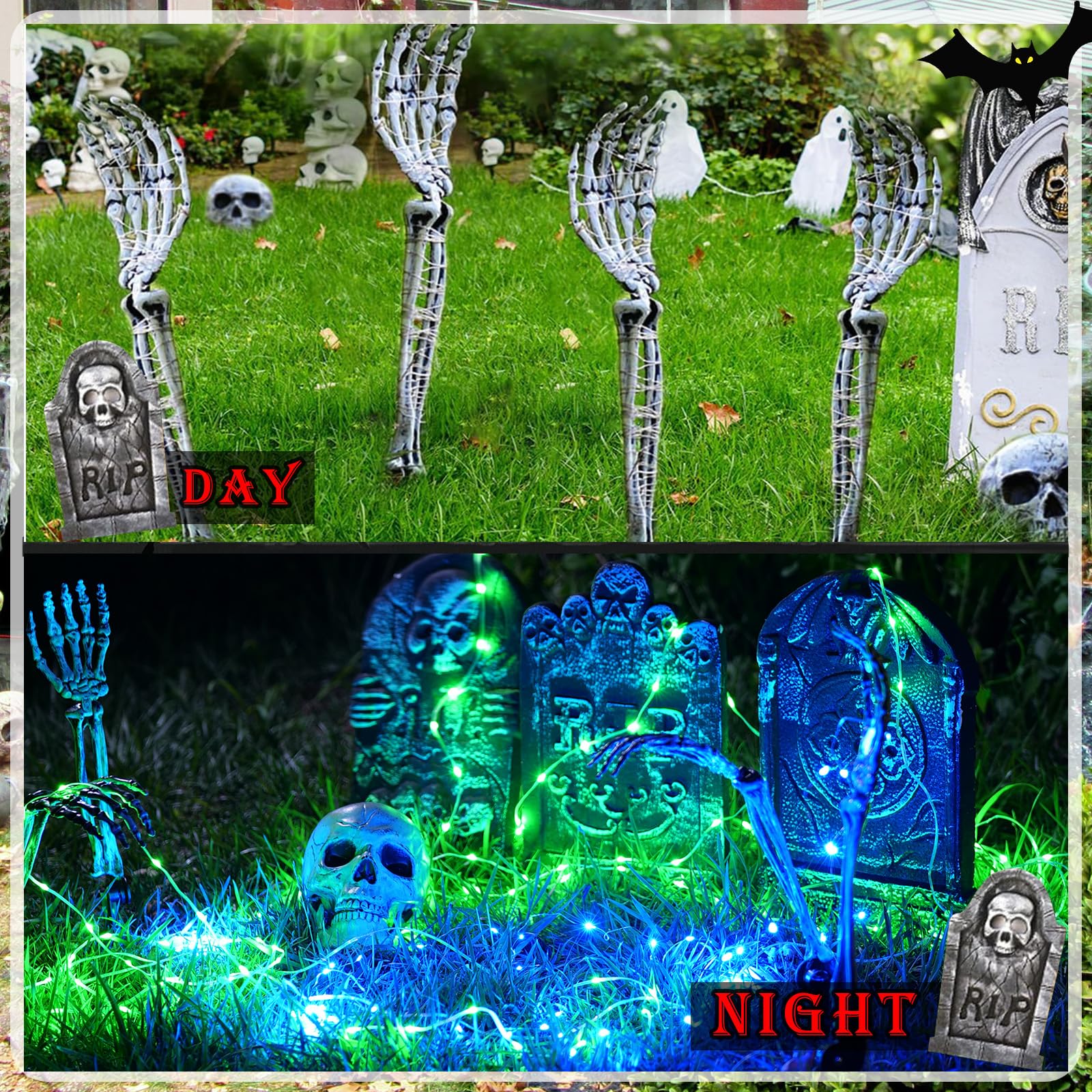 Halloween Lighted Skeleton Hands Set, 4 Pack Light Up Skeleton Arm Stakes, 4 x 3m 240 LED Green & Blue Lights with 3 Modes, Real
