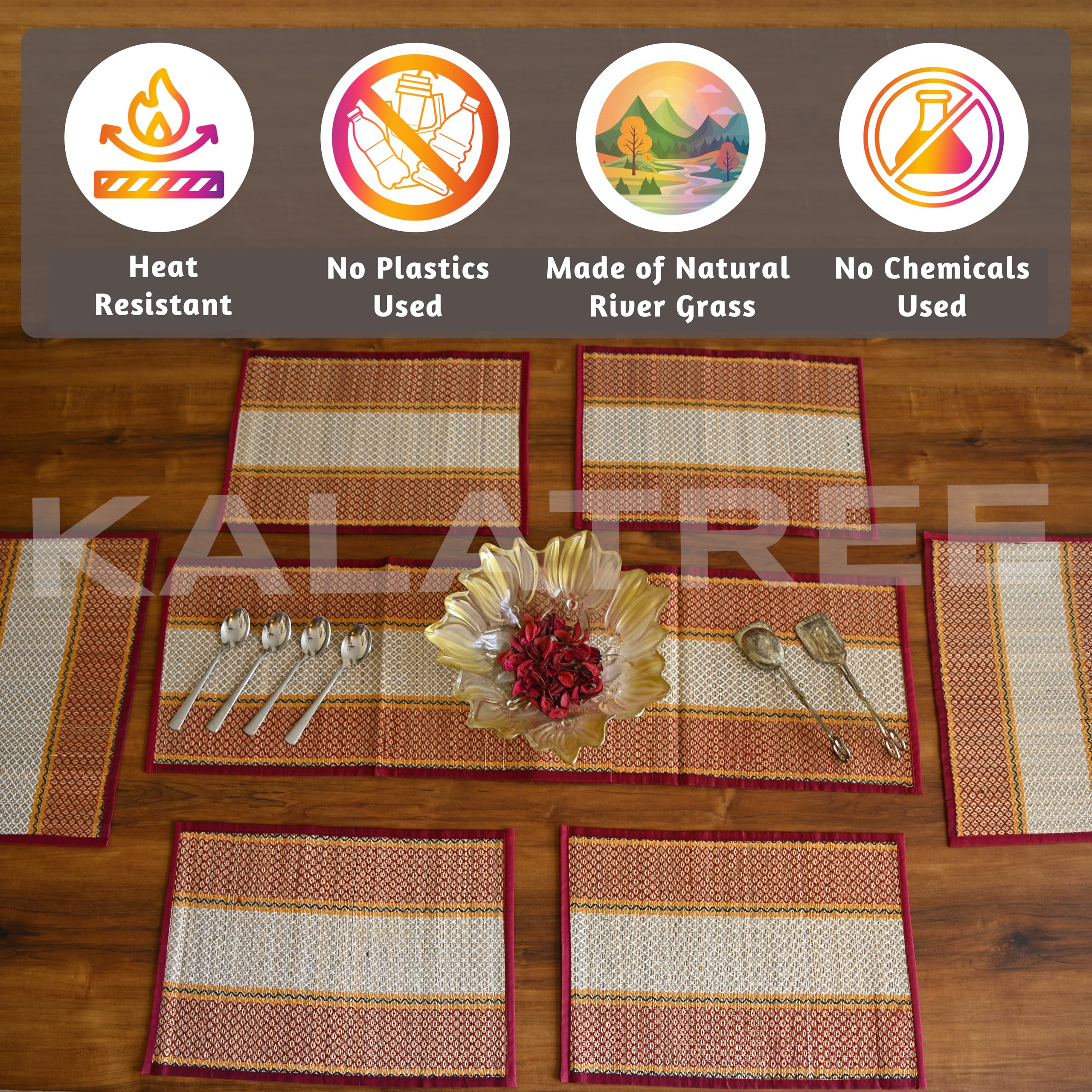 Kalatree Handmade River Grass Dining Table Mats Set Of 6 Pieces & Runner | Heat Resistant Korai Grass Dining Mats | Natural Eco