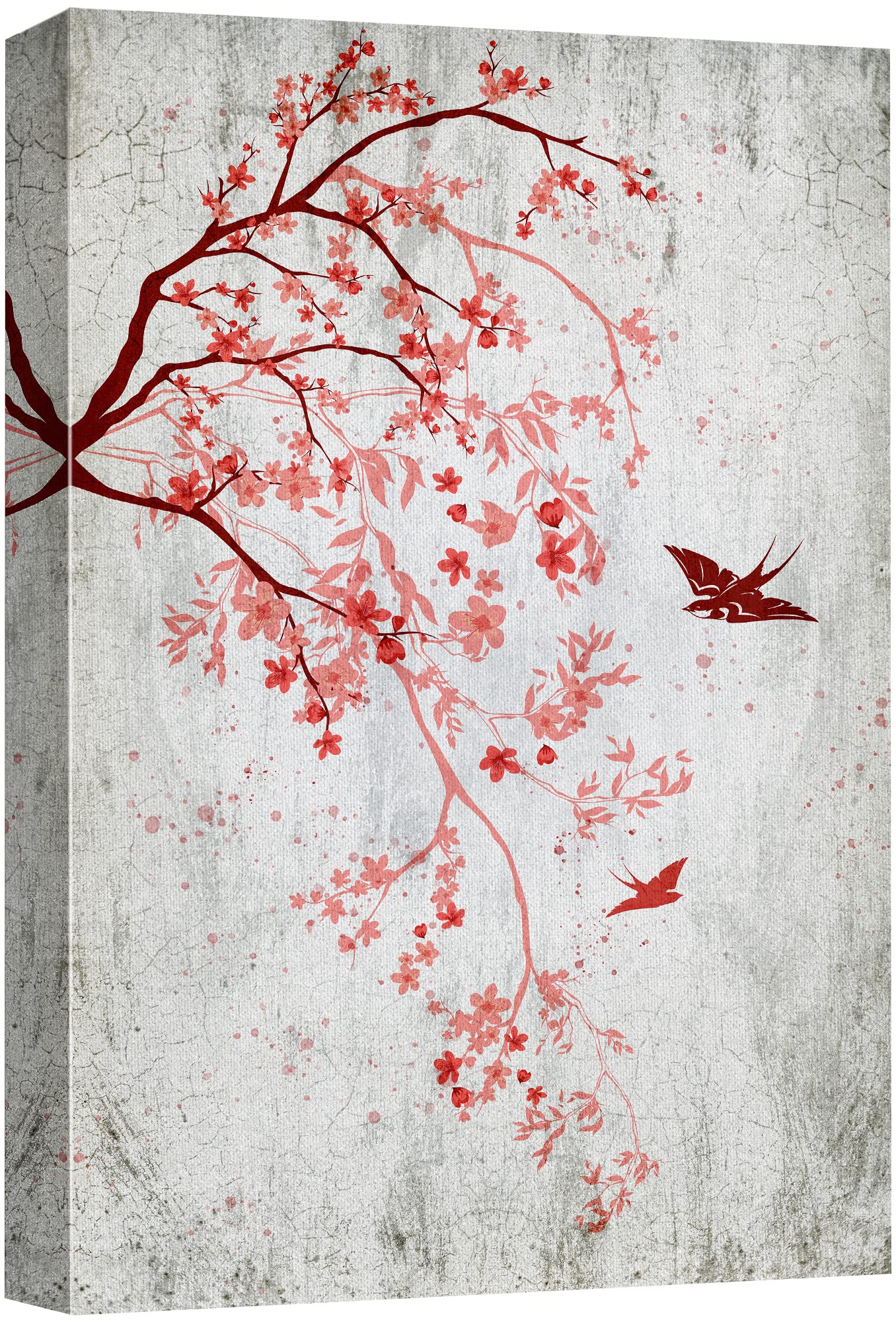 Wall26 Canvas Print Wall Art Retro Wood Panel Red Cherry Blossoms Nature Wilderness Illustrations Modern Art Decorative Multicol