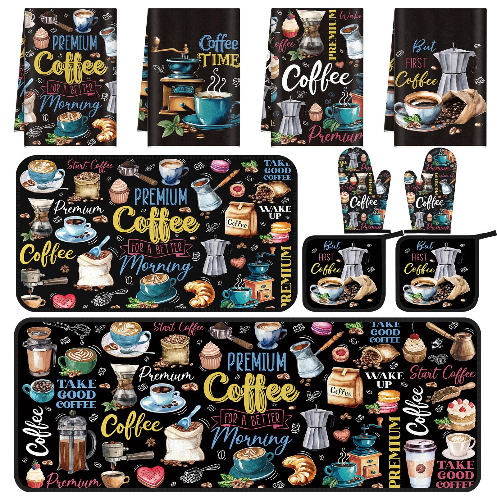 Fourluoo 10 Pcs Coffee Kitchen Decor Set Coffee Kitchen Dish Towels Oven Mitts and Pot Holders Farmhouse Rugs Mats Vintage Black