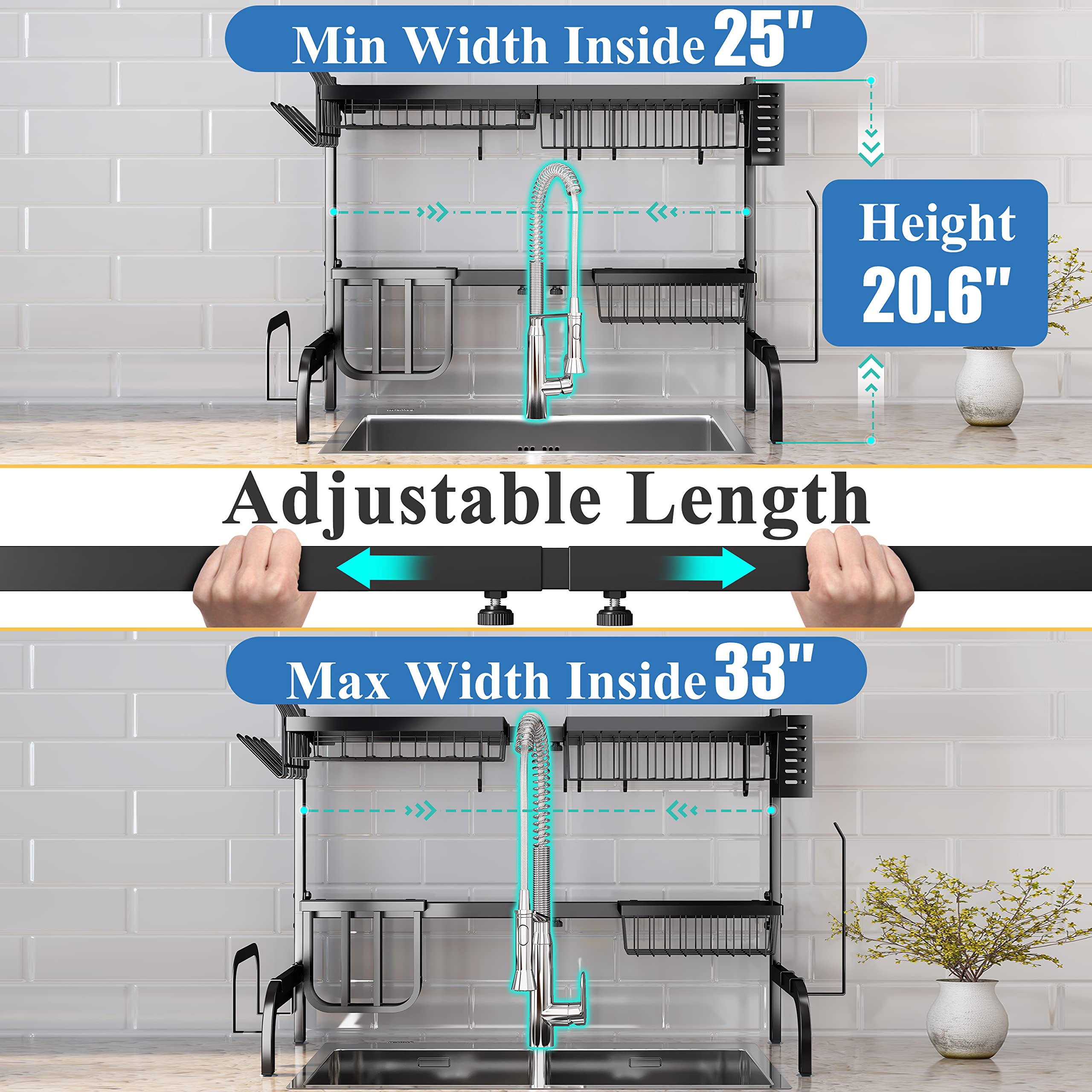 Over The Sink Dish Drying Rack, Adjustable (25.5 To 33.5 Inch) 2 Tier Metal Steel Dish Drying Racks For Kitchen Counter With Hoo