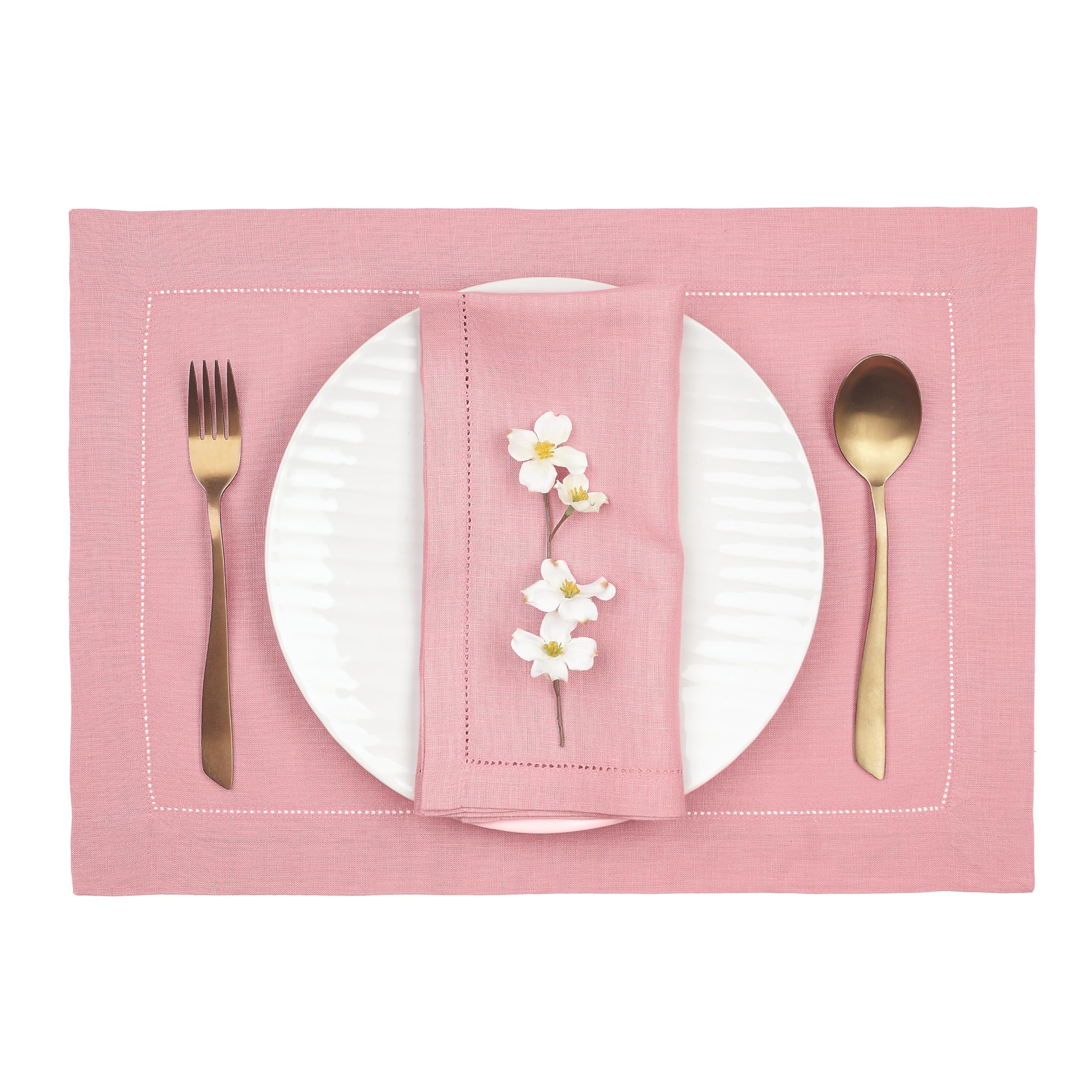 D'Moksha Homes Linen Placemats Set Of 4-100% Pure Linen Dusty Pink Placemats 14 X 19 Inch - Classic Hemstitch, Washable Dusty Pi