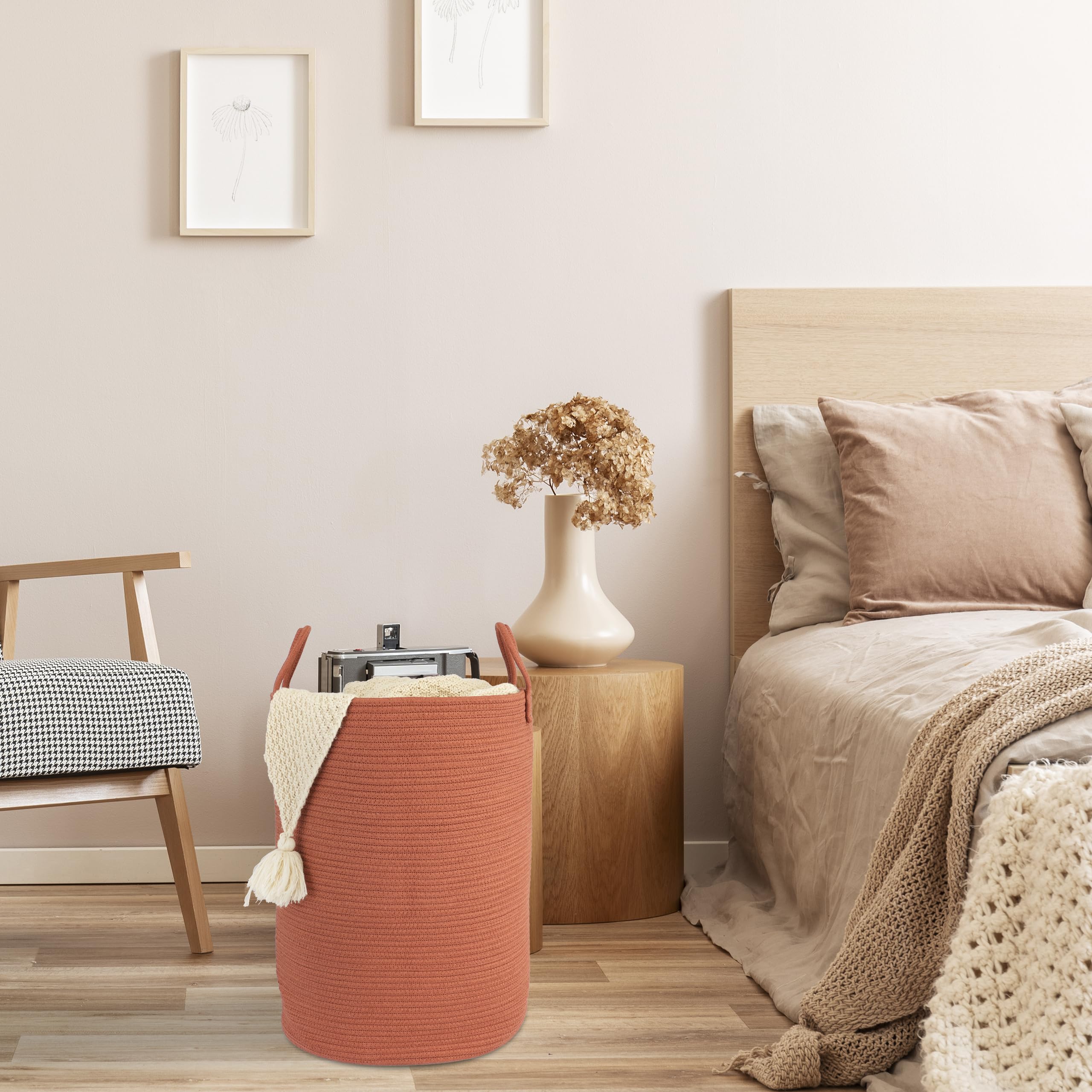 Xuanguo Cotton Rope Laundry Basket Hamper For Clothes Woven Storage Basket For Living Room Bedroom Boho Tall Rope Baskets For Bl