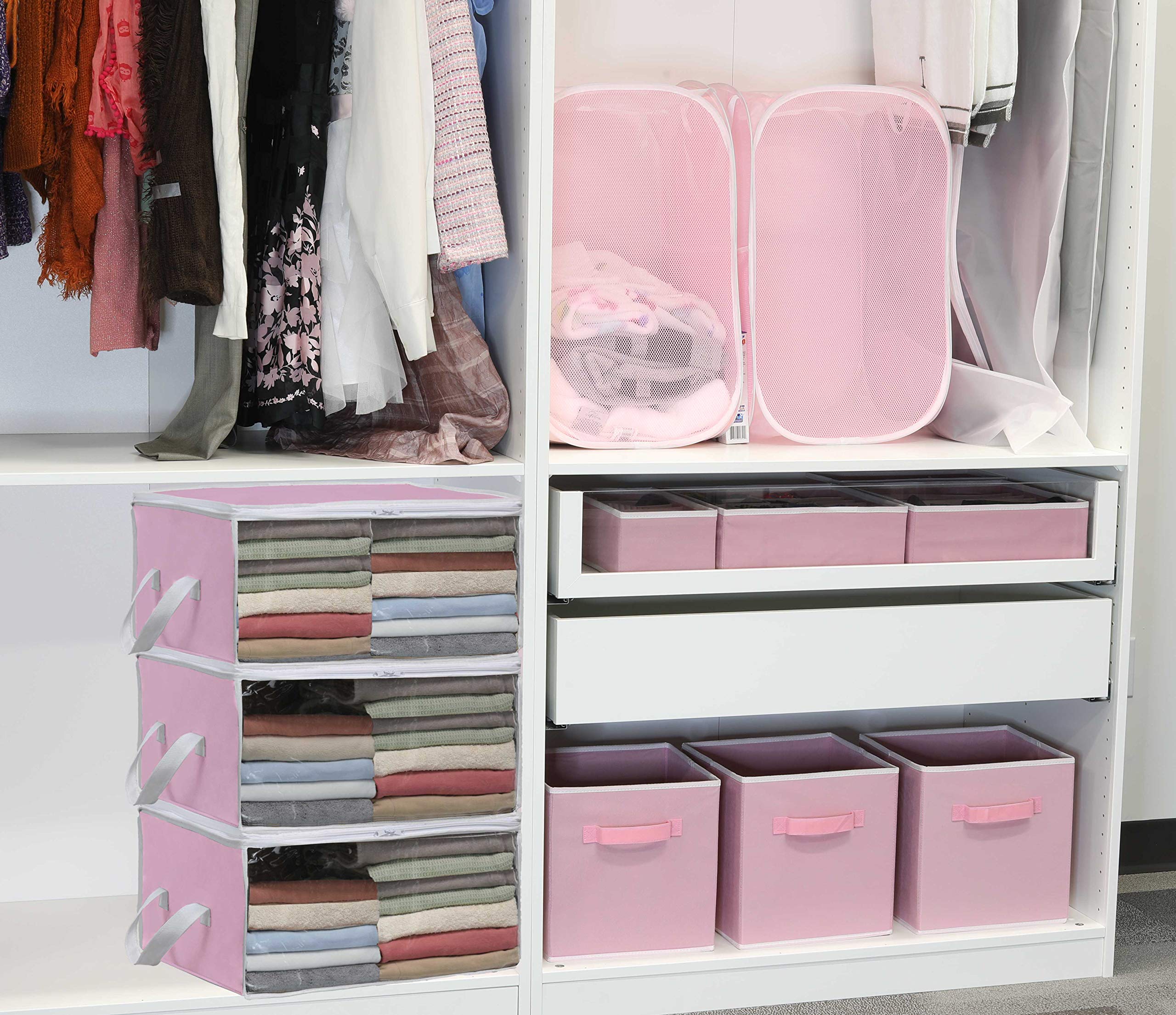 Simple Houseware 3 Pack Foldable Closet Organizer Clothing Storage Box with Clear Window, Pink