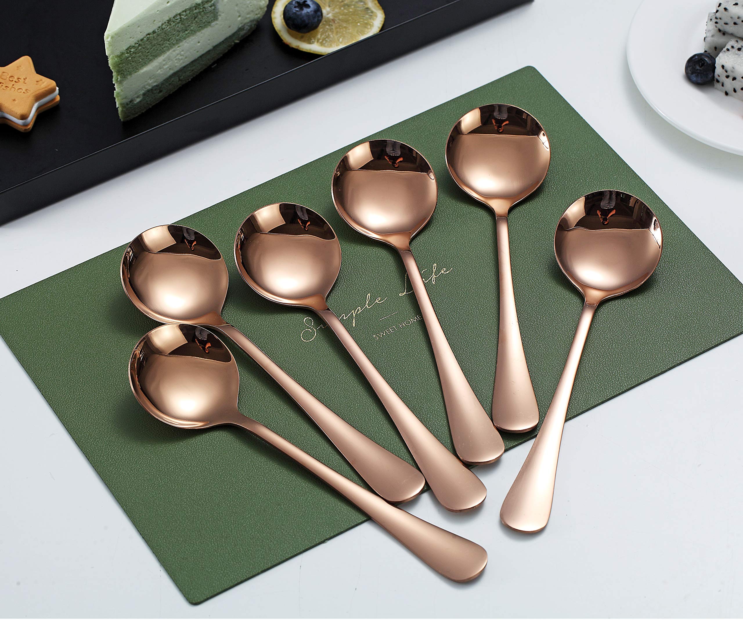 Rose Gold Soup Spoons, Kyraton 6 Pieces Stainless Steel Round Spoons With Rose Gold Titanium Plating, Rose Gold Dinner Spoon Tab