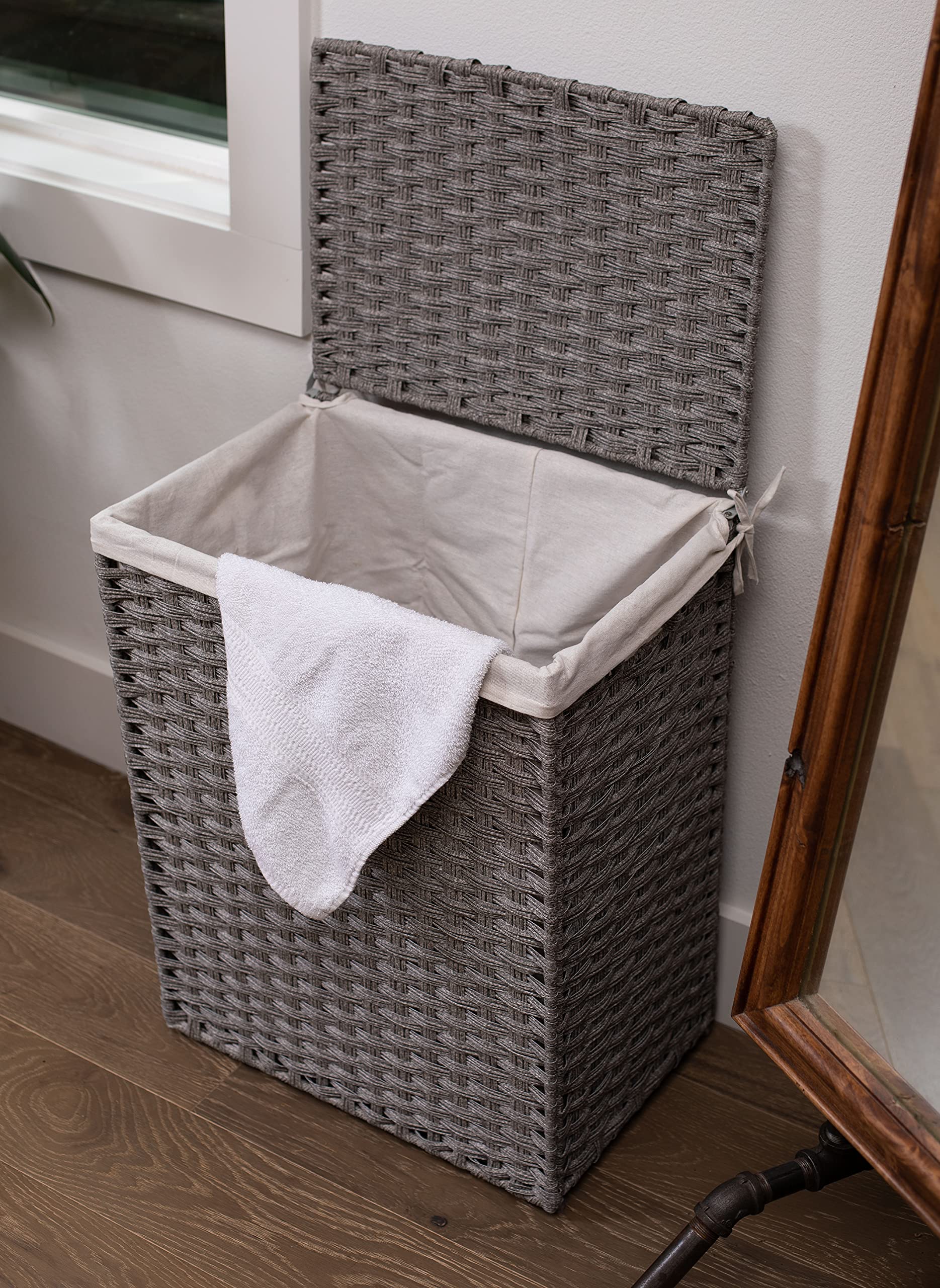 Single Laundry Hamper With Lid | Hand Woven Clothes Basket With Liner Bag | Small Collapsible Hampers | Foldable Synthetic Pe Ra