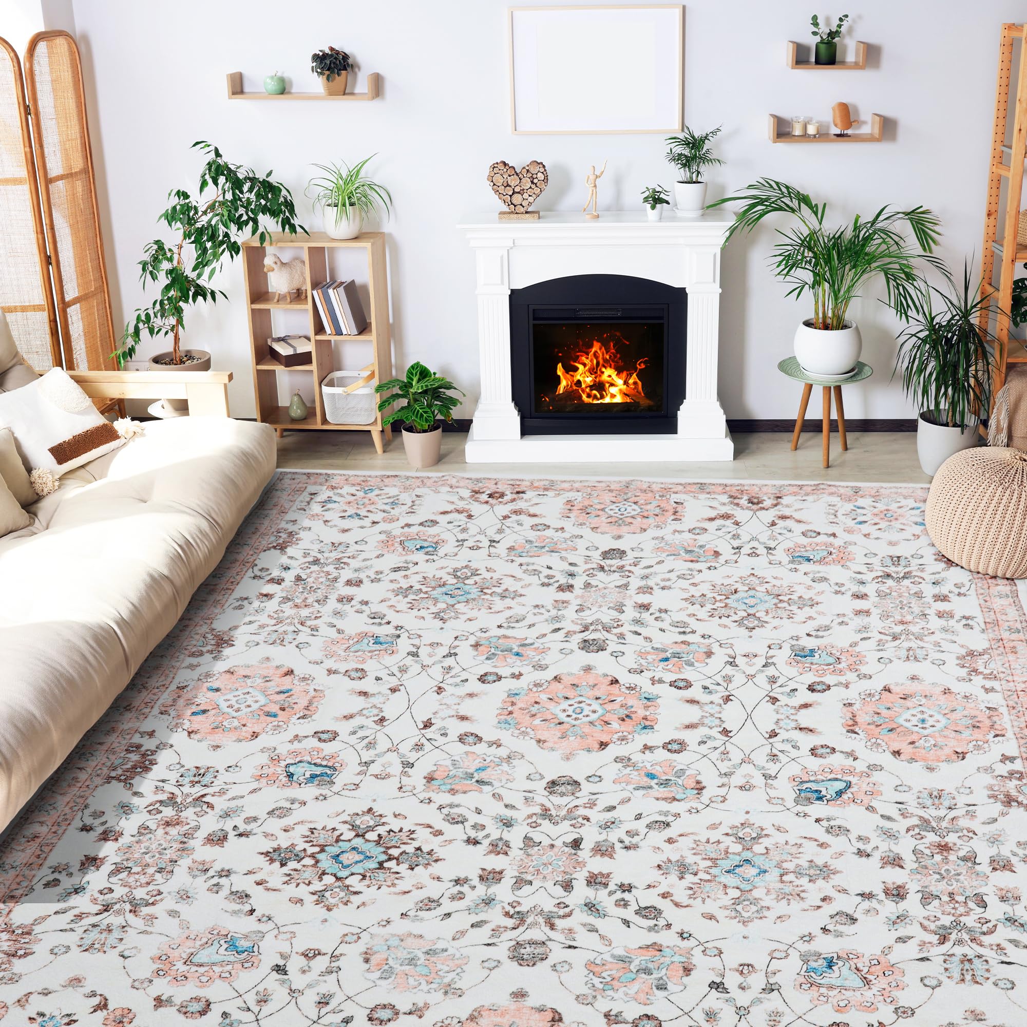 Mcadore 9x12 Area Rugs Washable Boho Rug, Non Slip Carpet for Living Room, Bedroom, Kitchen, Soft Low-Pile Rug, Beige/Floral